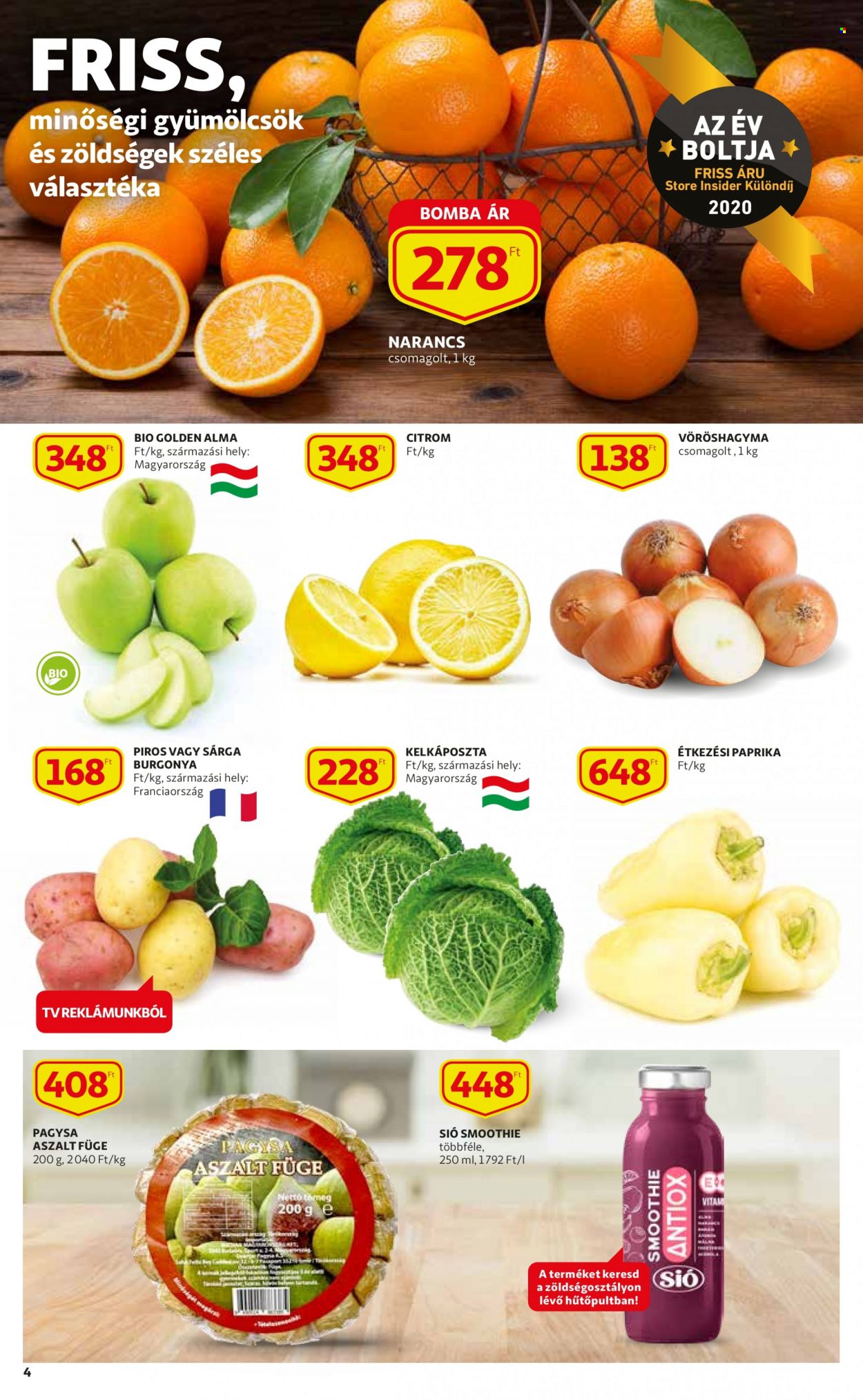 thumbnail - Auchan akciós újsága  - 2022.01.06 - 2022.01.19 - Akciós termékek - citrom, füge, narancs, burgonya, kelkáposzta, paprika, vöröshagyma, étkezési paprika, smoothie.  4. Oldal