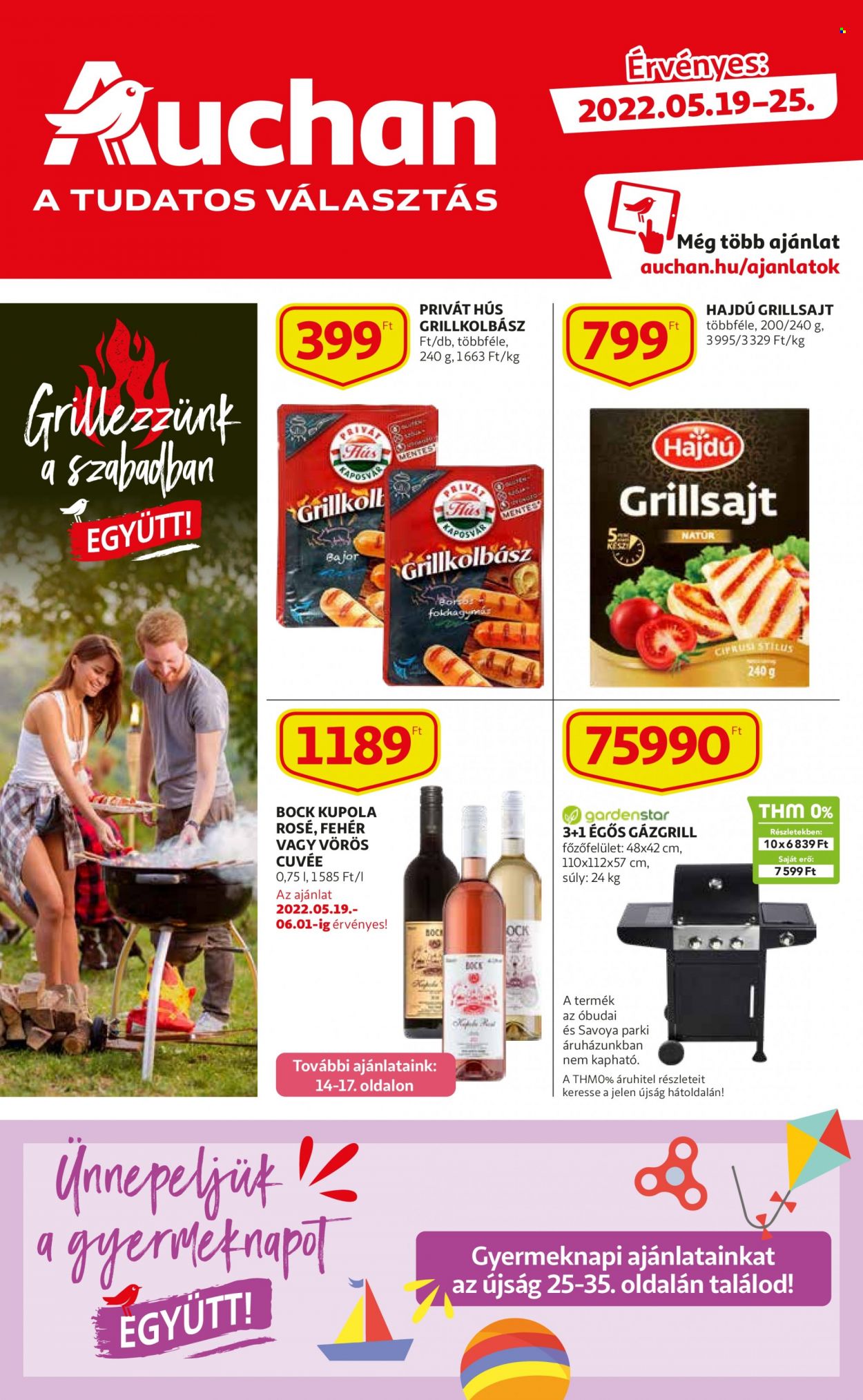 thumbnail - Auchan akciós újsága  - 2022.05.19 - 2022.05.25 - Akciós termékek - grillkolbász, Hajdú, grillsajt, Bock, Cuvée, kés, gázgrill.  1. Oldal
