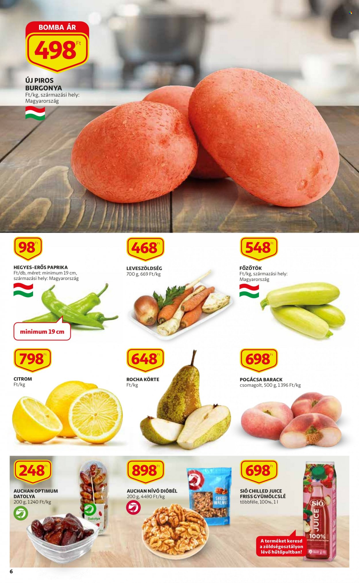 thumbnail - Auchan akciós újsága  - 2022.05.19 - 2022.05.25 - Akciós termékek - citrom, körte, pogácsa, burgonya, paprika, leveszöldség, szárított datolya, gyümölcslé.  6. Oldal