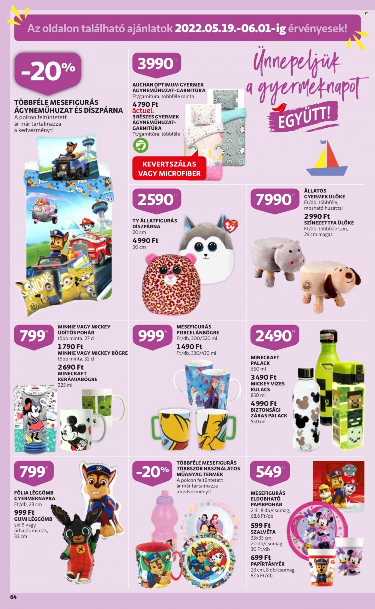 thumbnail - Auchan akciós újsága  - 2022.05.19 - 2022.05.25 - Akciós termékek - Mickey Mouse, Minnie Mouse, bögre, szalvéta, kulacs, palack, pohár, papírpohár, ágyneműhuzat garnitúra, díszpárna.  64. Oldal