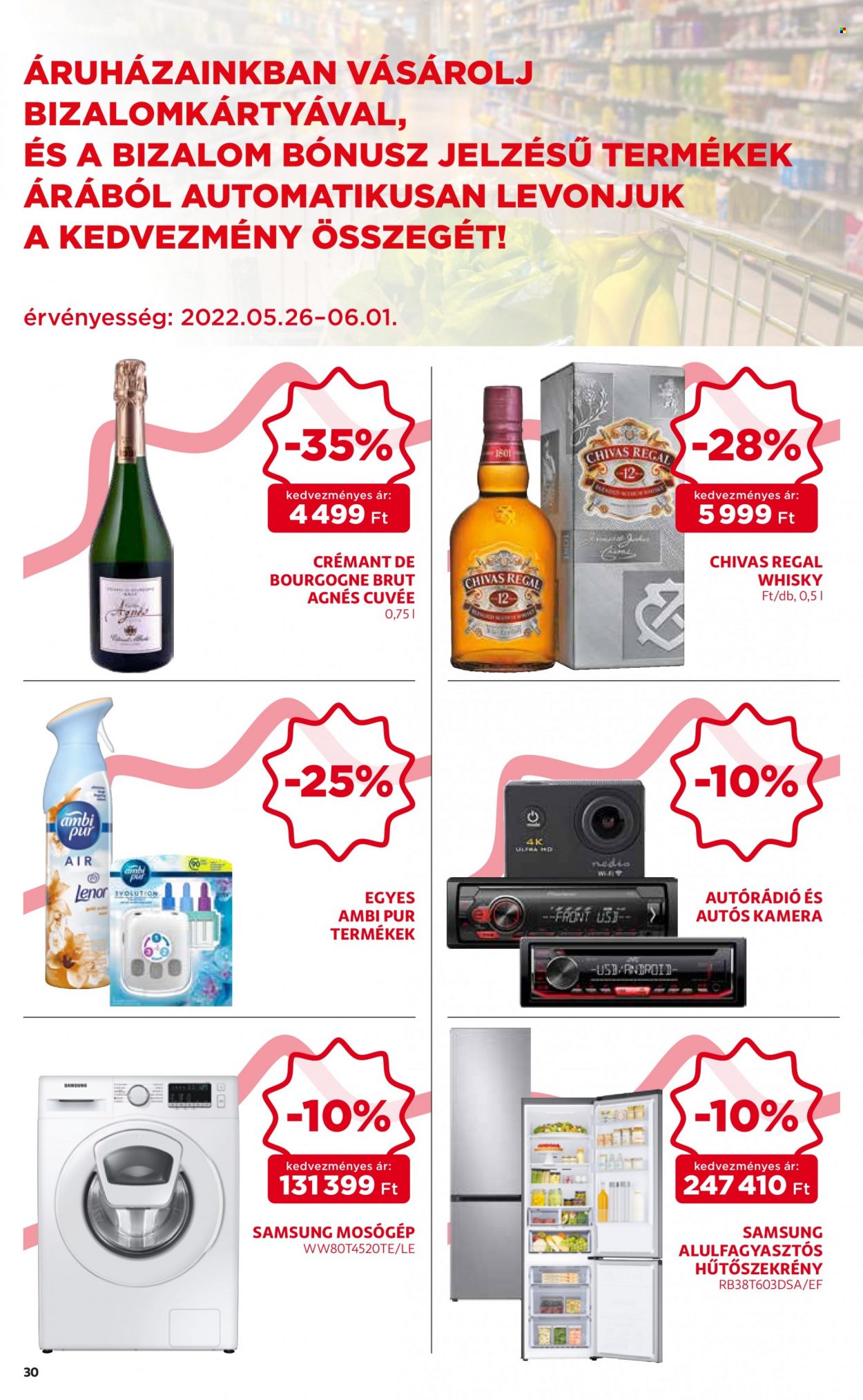thumbnail - Auchan akciós újsága  - 2022.05.26 - 2022.06.01 - Akciós termékek - Cuvée, whisky, Lenor, Pur, Ambi Pur, Samsung, kamera, hűtőszekrény, alulfagyasztós kombinált hűtőszekrény, mosógép.  30. Oldal