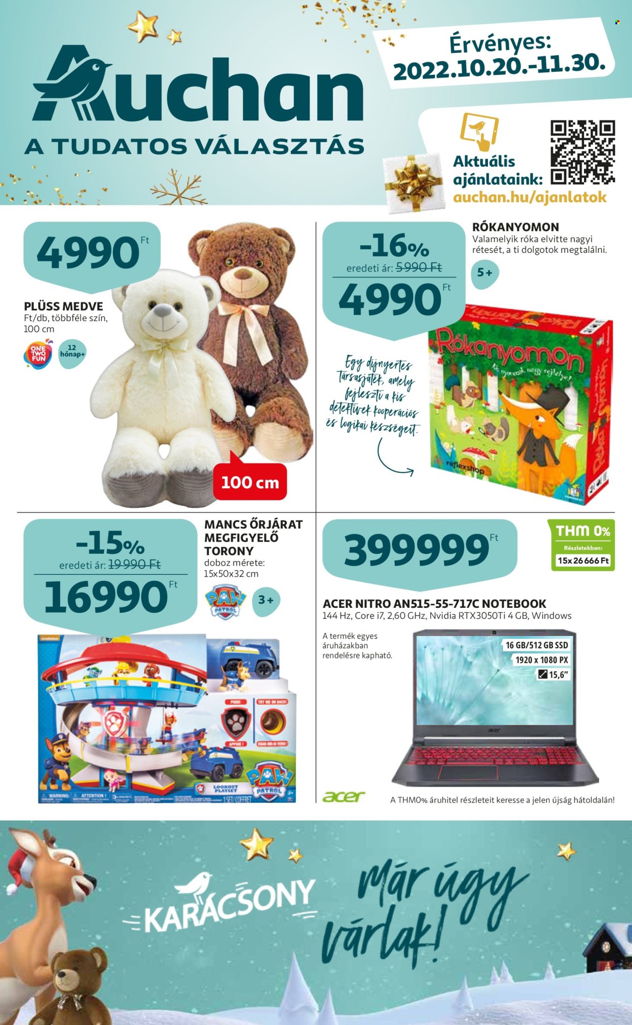 thumbnail - Auchan akciós újsága  - 2022.10.20 - 2022.11.30 - Akciós termékek - notebook, Acer, Acer Nitro, SSD, Mancs őrjárat, plüss.  1. Oldal
