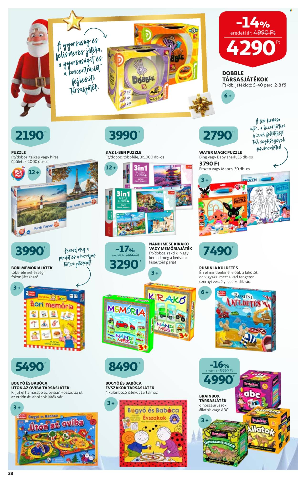 thumbnail - Auchan akciós újsága  - 2022.10.20 - 2022.11.30 - Akciós termékek - mancs, társasjátékok, Brainbox, Dobble, kirakó, puzzle, játék.  38. Oldal