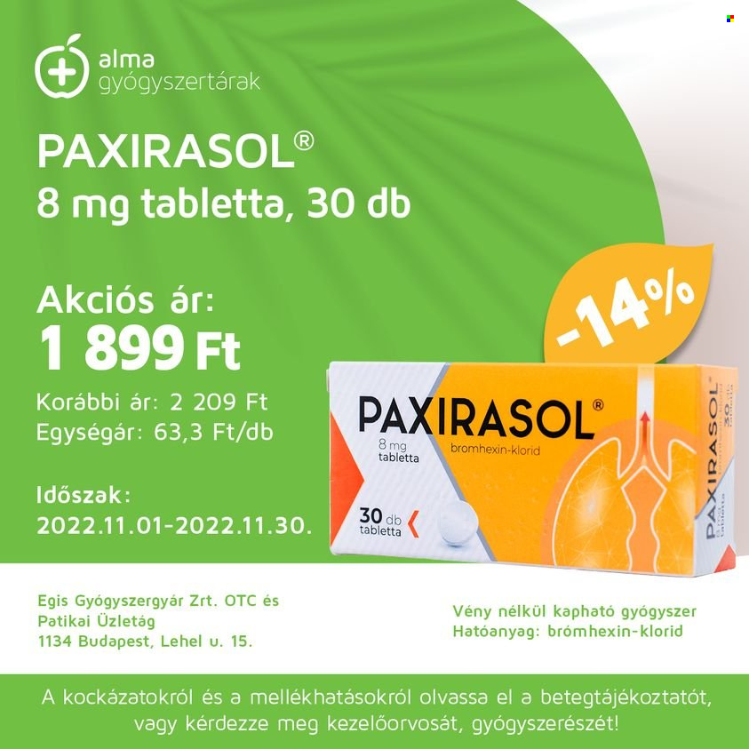 thumbnail - Alma Gyógyszertárak akciós újsága  - 2022.11.01 - 2022.11.30 - Akciós termékek - Paxirasol, gyógyszer.  1. Oldal