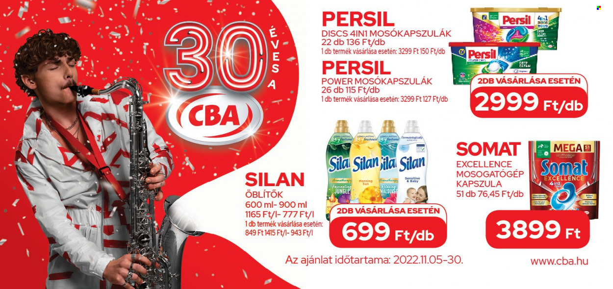 thumbnail - CBA akciós újsága  - 2022.11.05 - 2022.11.30 - Akciós termékek - mosószer kapszula, öblítő, Persil, Silan, Somat.  1. Oldal