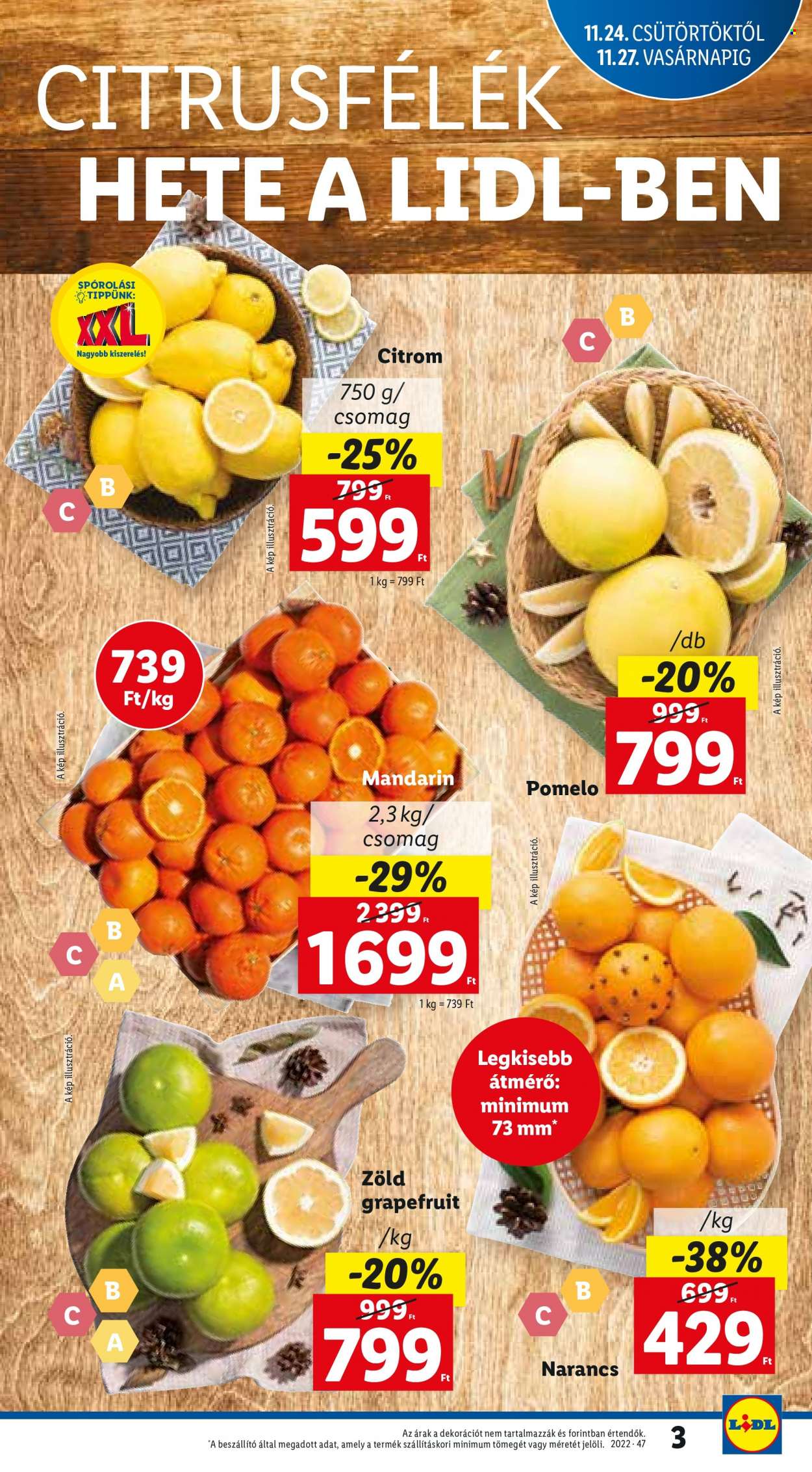 thumbnail - Lidl akciós újsága  - 2022.11.24 - 2022.11.30 - Akciós termékek - citrom, grépfrút, mandarin, pomelo, narancs.  3. Oldal