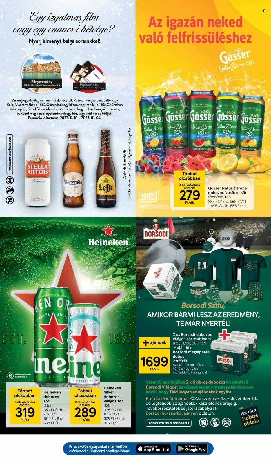 thumbnail - TESCO akciós újsága  - 2022.11.24 - 2022.11.30 - Akciós termékek - Stella Artois, világos sör, sör, Gösser, dobozos sör, Hoegaarden, Leffe, Heineken, Borsodi.  34. Oldal