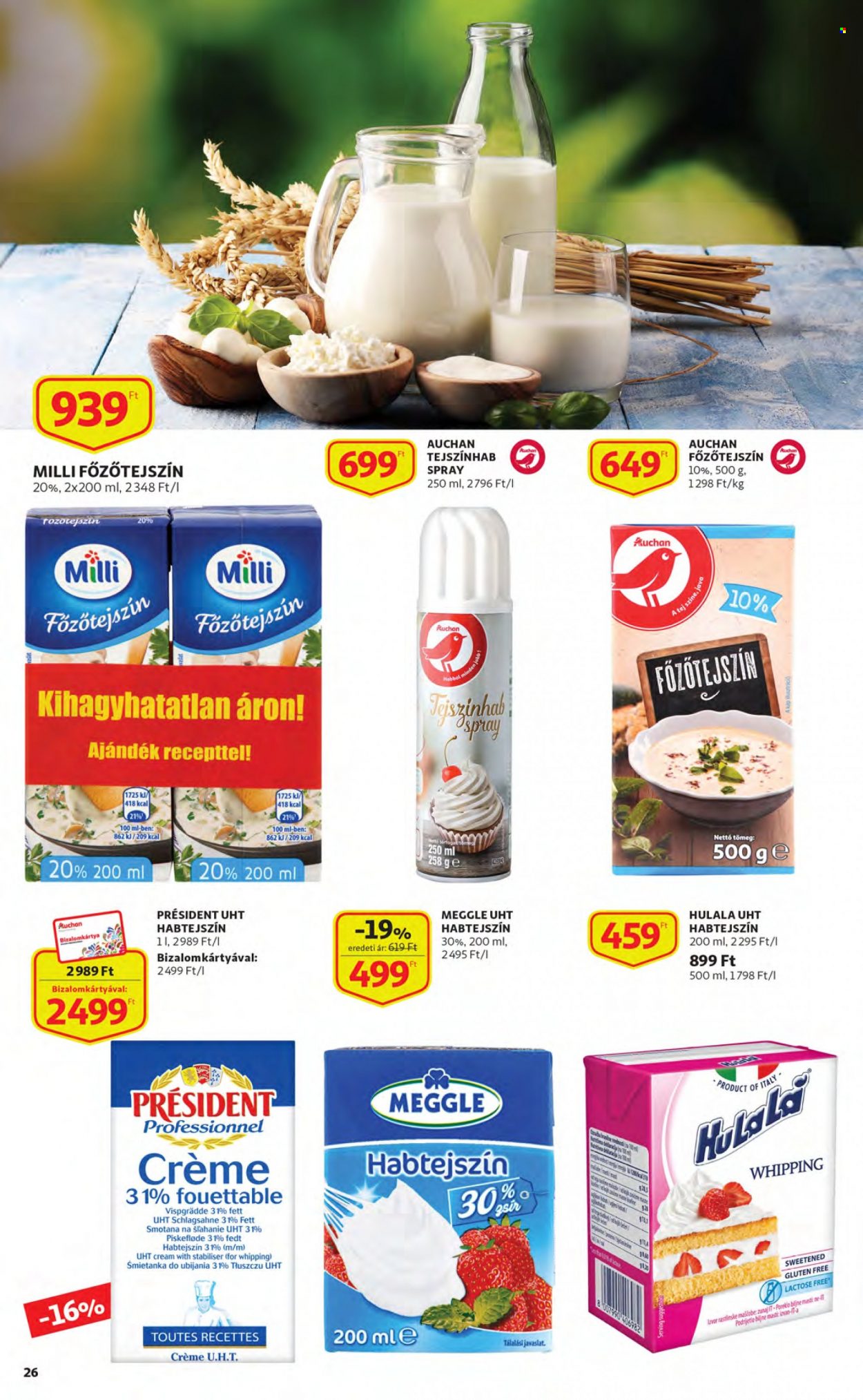 thumbnail - Auchan akciós újsága  - 2022.11.24 - 2022.11.30 - Akciós termékek - Meggle, Président, Milli, tejszínhab, fözőtejszín, tejszínhabspray, habtejszín.  26. Oldal