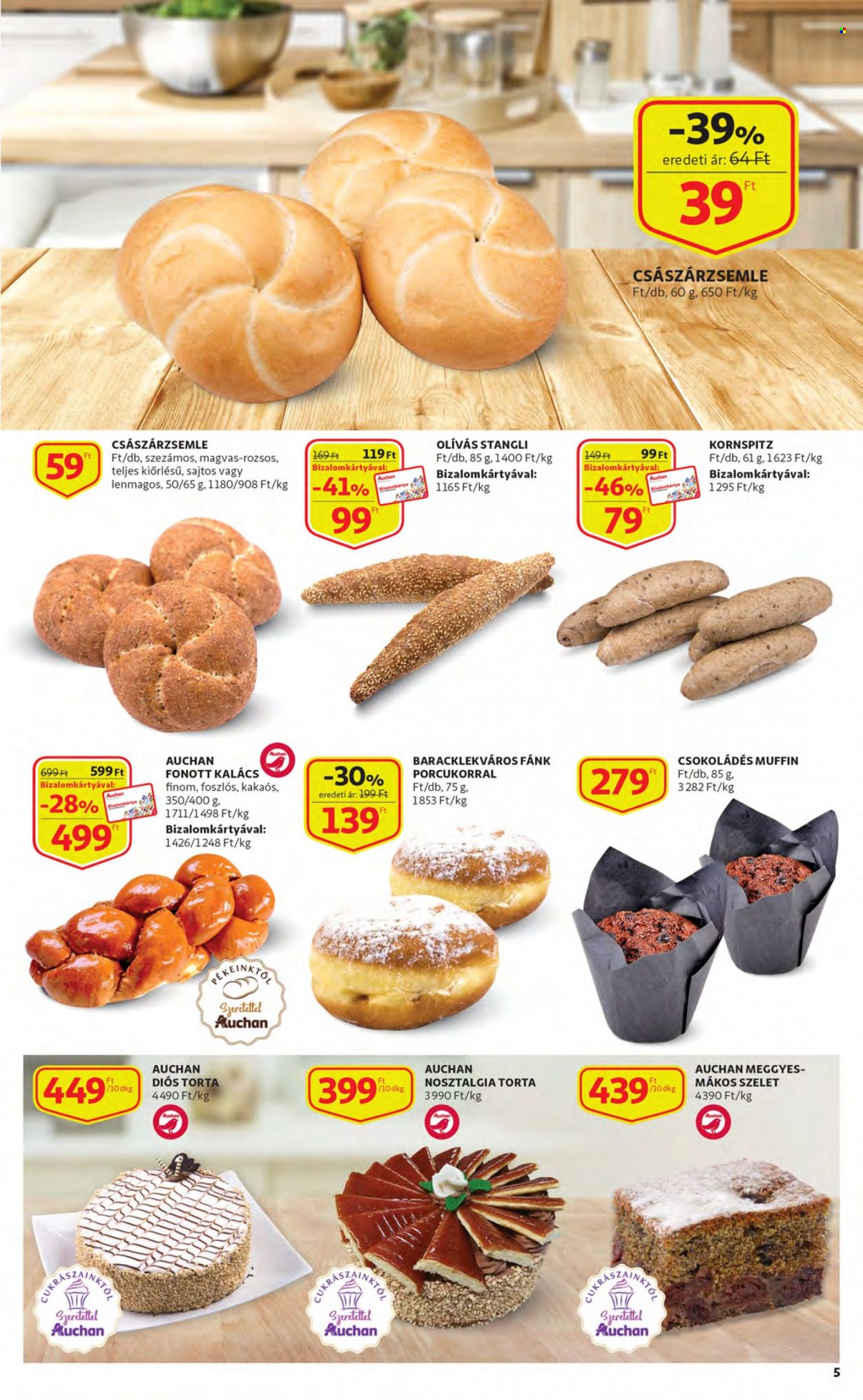 thumbnail - Auchan akciós újsága  - 2022.12.01 - 2022.12.07 - Akciós termékek - stangli, császárzsemle, fánk, fonott kalács, kalács, muffin, torta.  5. Oldal