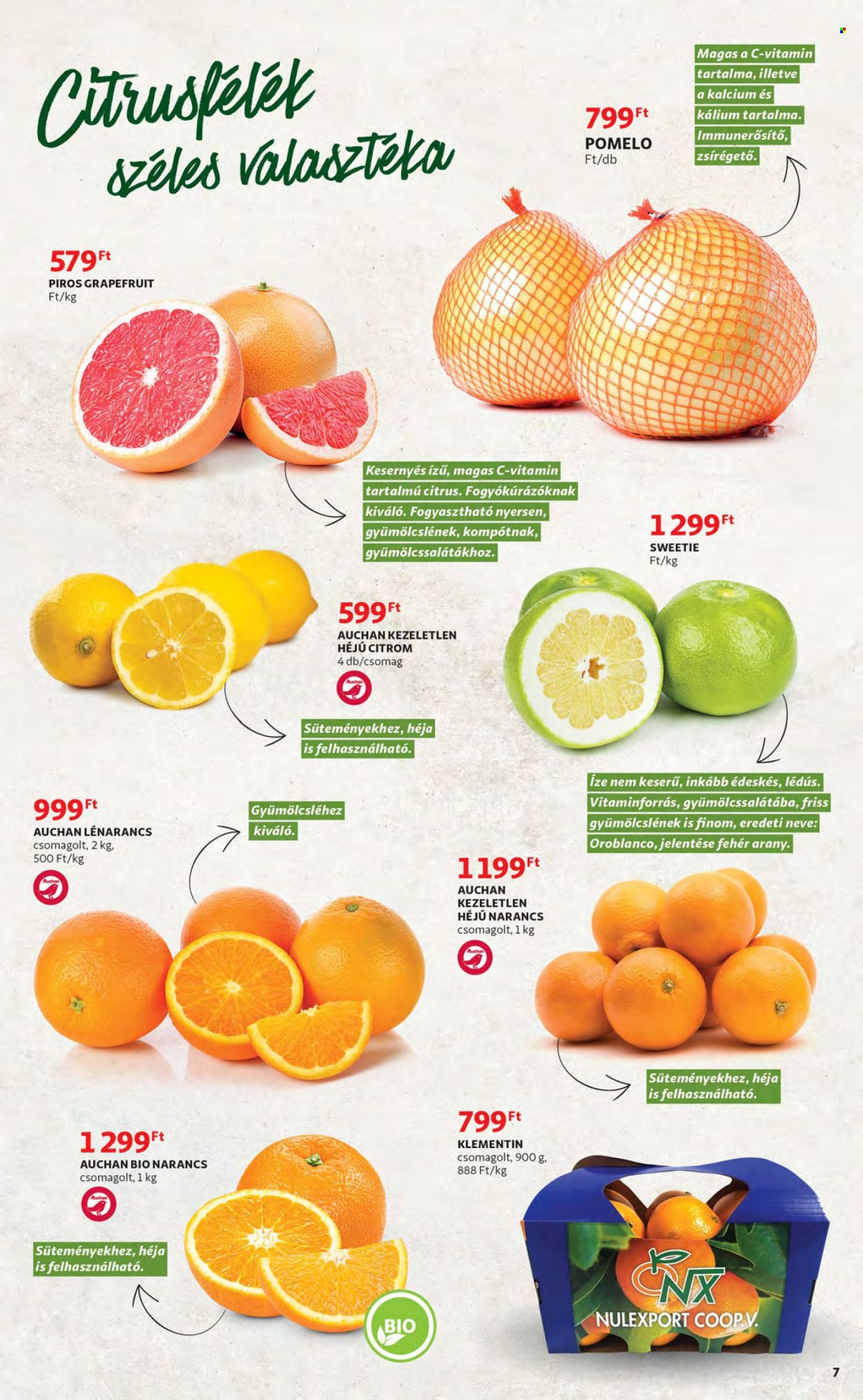 thumbnail - Auchan akciós újsága  - 2022.12.01 - 2022.12.07 - Akciós termékek - citrom, grépfrút, pomelo, narancs, calcium.  7. Oldal