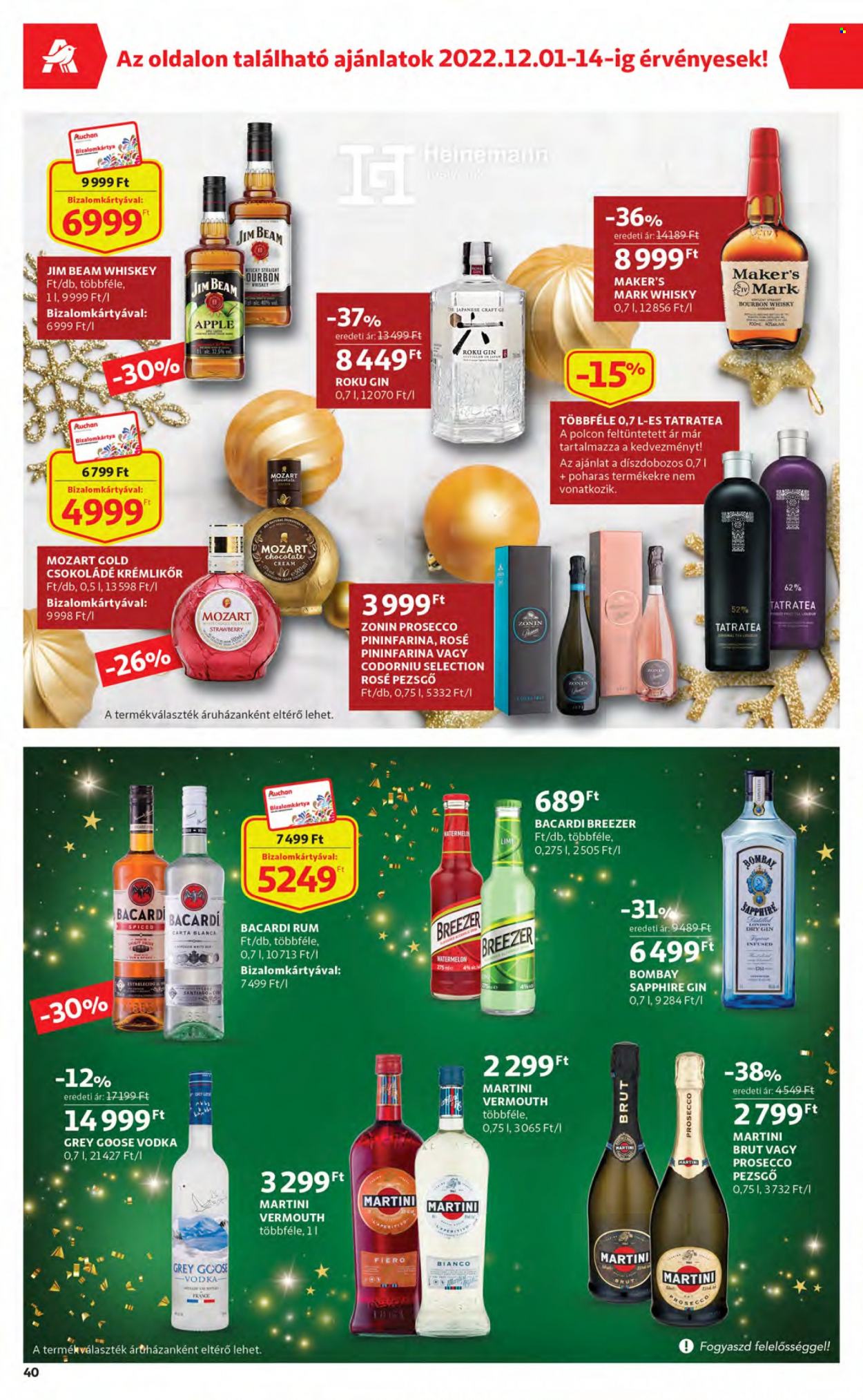 thumbnail - Auchan akciós újsága  - 2022.12.01 - 2022.12.07 - Akciós termékek - Craft, csokoládé, pezsgő, prosecco, bourbon, gin, Martini, rum, vodka, whisky, Jim Beam, krémlikőr.  40. Oldal