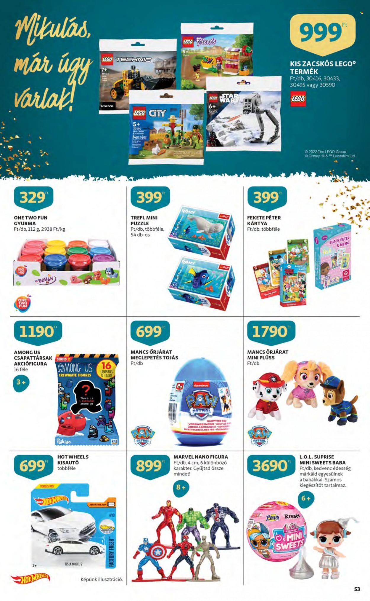 thumbnail - Auchan akciós újsága  - 2022.12.01 - 2022.12.07 - Akciós termékek - Marvel, tojás, Kinder Surprise, Duck, gyurmák, Hot Wheels, kisautó, LEGO Friends, LEGO Technic, Mancs őrjárat, plüss, puzzle, Trefl, LEGO, LEGO City.  53. Oldal