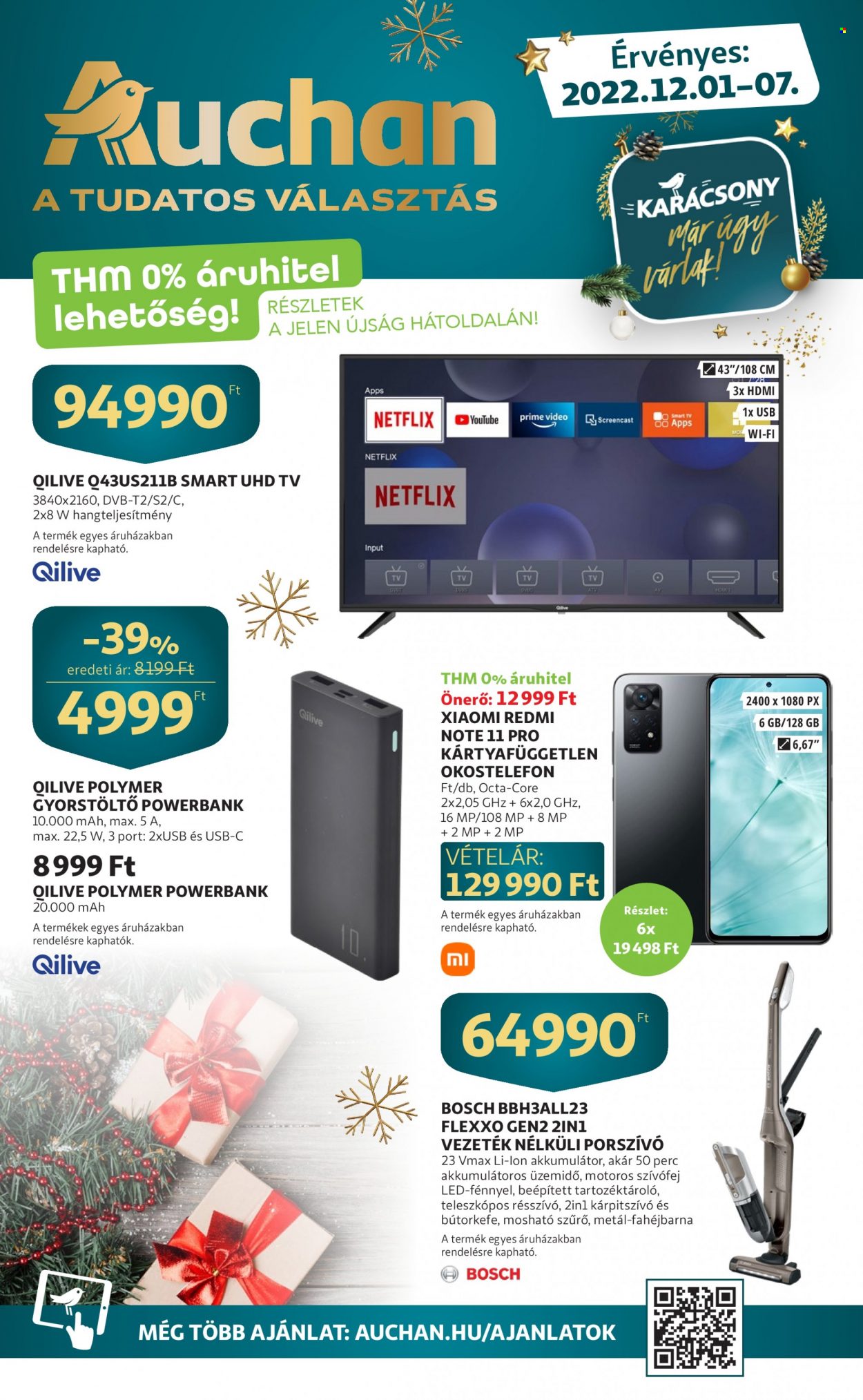 thumbnail - Auchan akciós újsága  - 2022.12.01 - 2022.12.07 - Akciós termékek - Xiaomi, okostelefon, Xiaomi Redmi, televízió, Bosch, porszívó.  1. Oldal