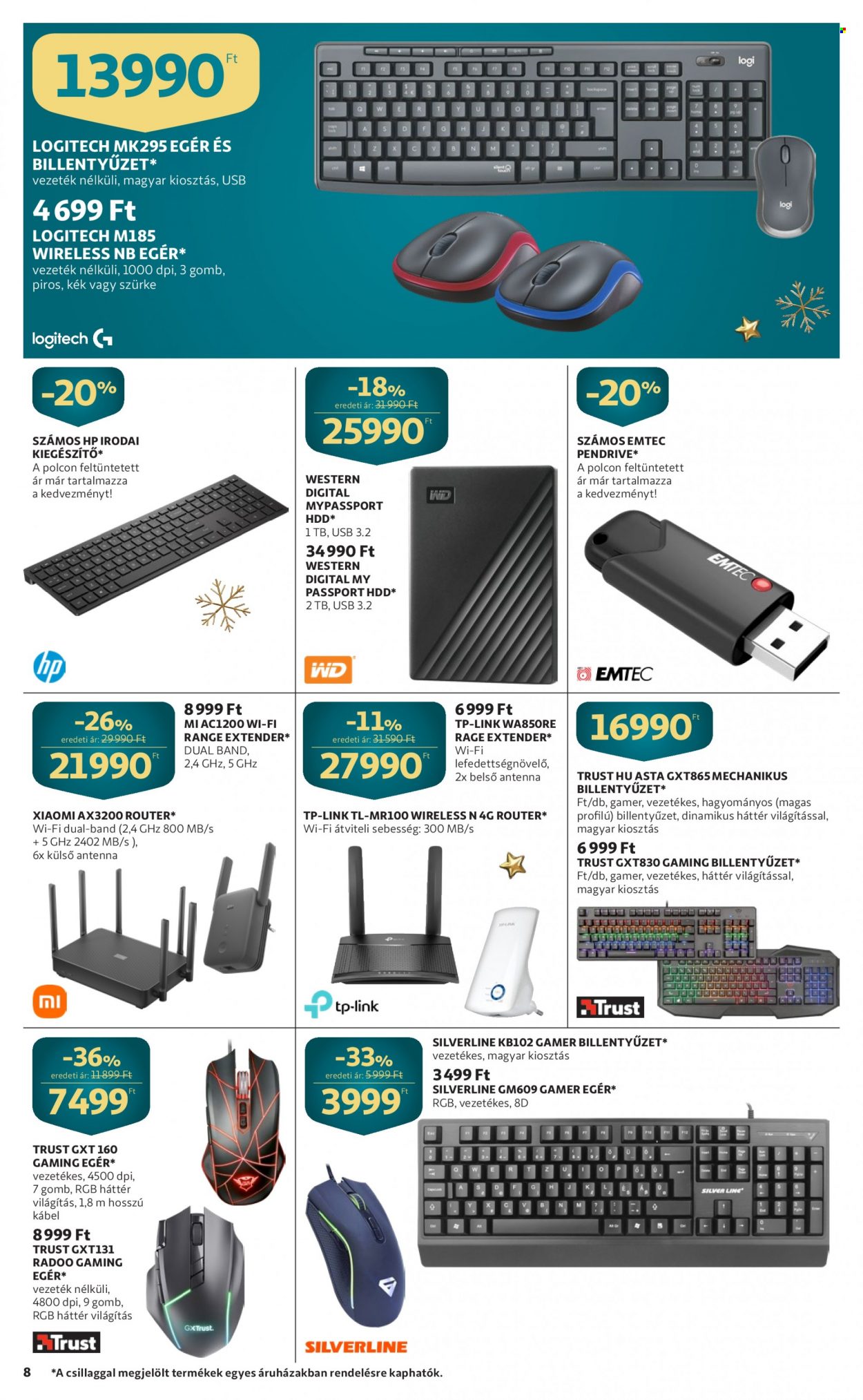 thumbnail - Auchan akciós újsága  - 2022.12.01 - 2022.12.07 - Akciós termékek - Xiaomi, router, kábel, range extender, JBL, Hewlett-Packard, billentyűzet, egér, pendrive, Trust, flash disk.  8. Oldal
