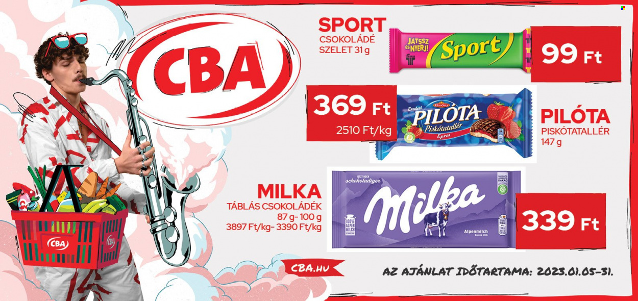 thumbnail - CBA akciós újsága  - 2023.01.05 - 2023.01.31 - Akciós termékek - Milka, csokoládé, piskótatallér, Pilóta, csokoládé szelet.  4. Oldal