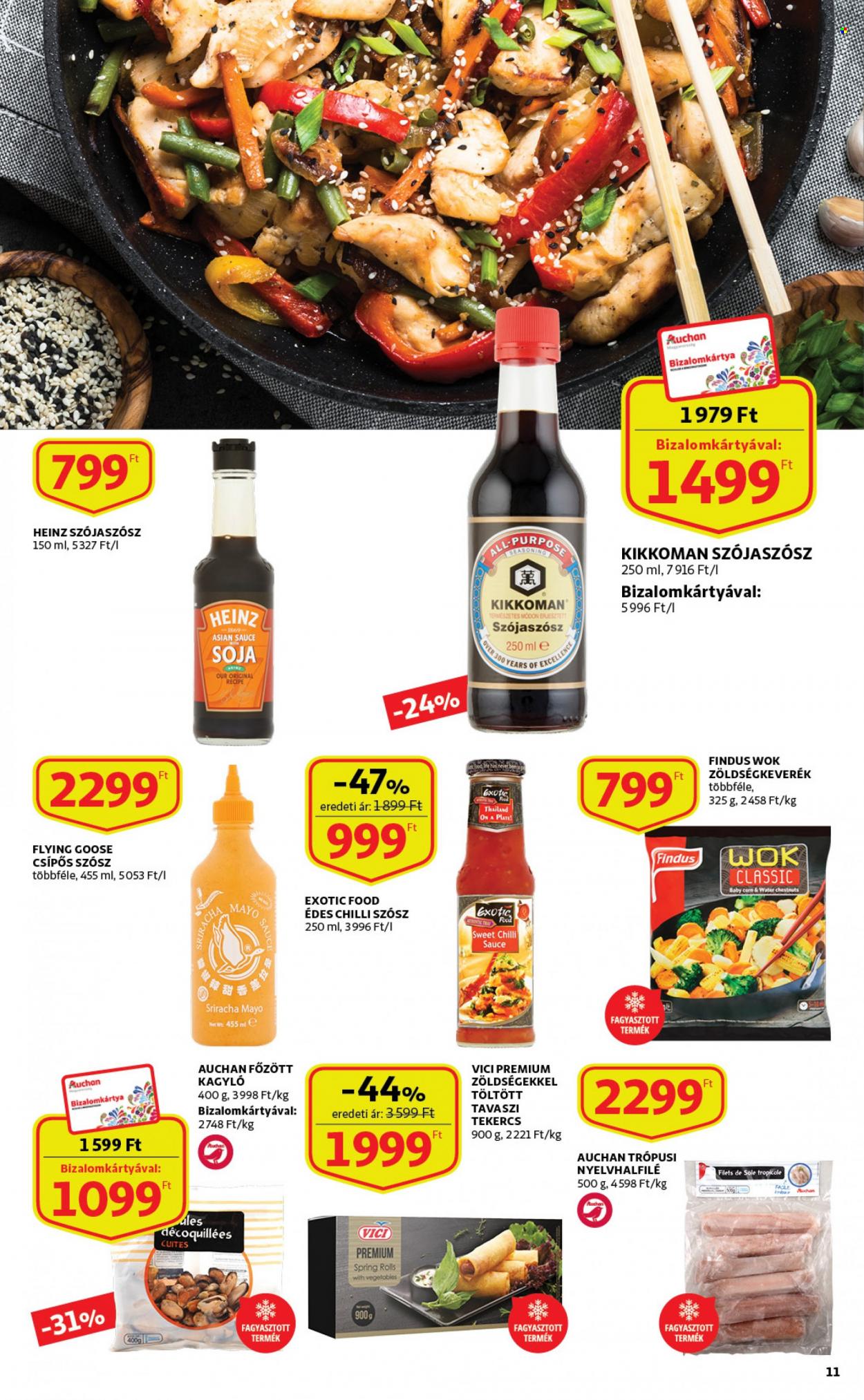 thumbnail - Auchan akciós újsága  - 2023.01.19 - 2023.02.01 - Akciós termékek - kagyló, Heinz, zöldségkeverék, sriracha, szójaszósz, chiliszósz.  11. Oldal