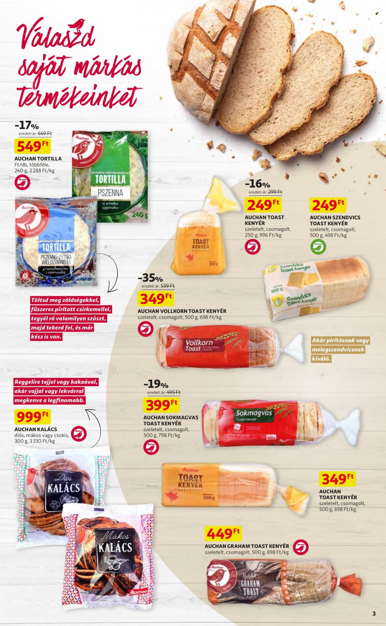 thumbnail - Auchan akciós újsága  - 2023.01.26 - 2023.02.01 - Akciós termékek - kenyér, toast kenyér, tortilla, kalács.  3. Oldal