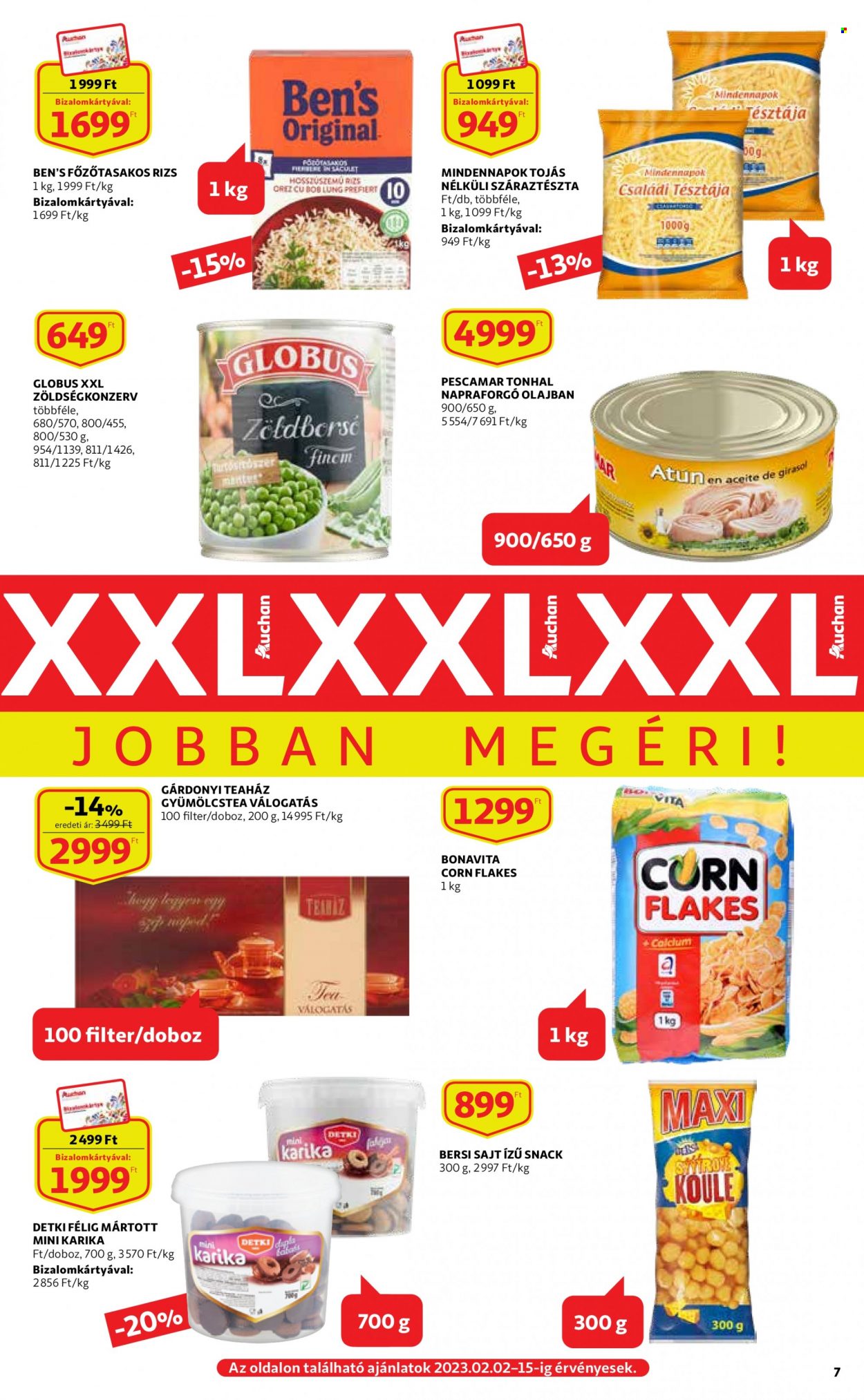 thumbnail - Auchan akciós újsága  - 2023.02.02 - 2023.02.08 - Akciós termékek - zöldborsó, tonhal, sajt, Detki, zöldségkonzerv, rizs, tészta, száraztészta, gyümölcs tea, tea.  7. Oldal