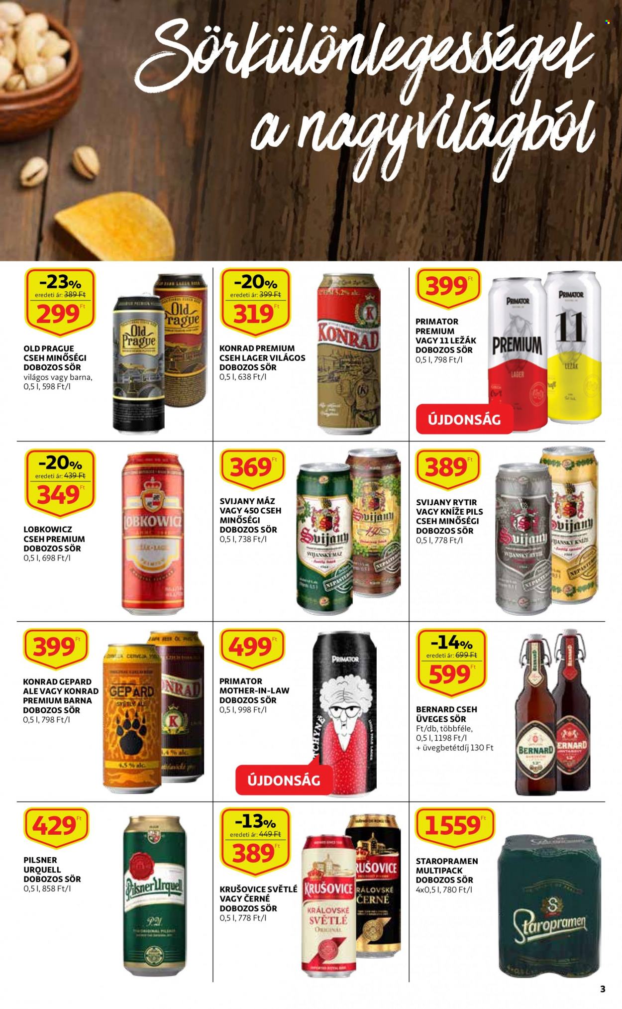 thumbnail - Auchan akciós újsága  - 2023.03.02 - 2023.03.29 - Akciós termékek - sör, dobozos sör, üveges sör, Pilsner Urquell, Krušovice, Staropramen.  3. Oldal