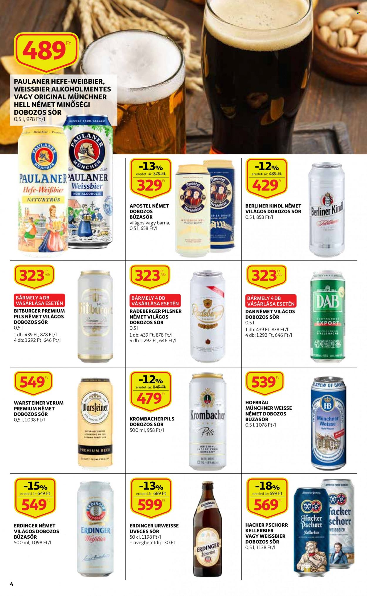 thumbnail - Auchan akciós újsága  - 2023.03.02 - 2023.03.29 - Akciós termékek - sör, dobozos sör, búzasör, üveges sör, Apostel Weissbier, Hell.  4. Oldal