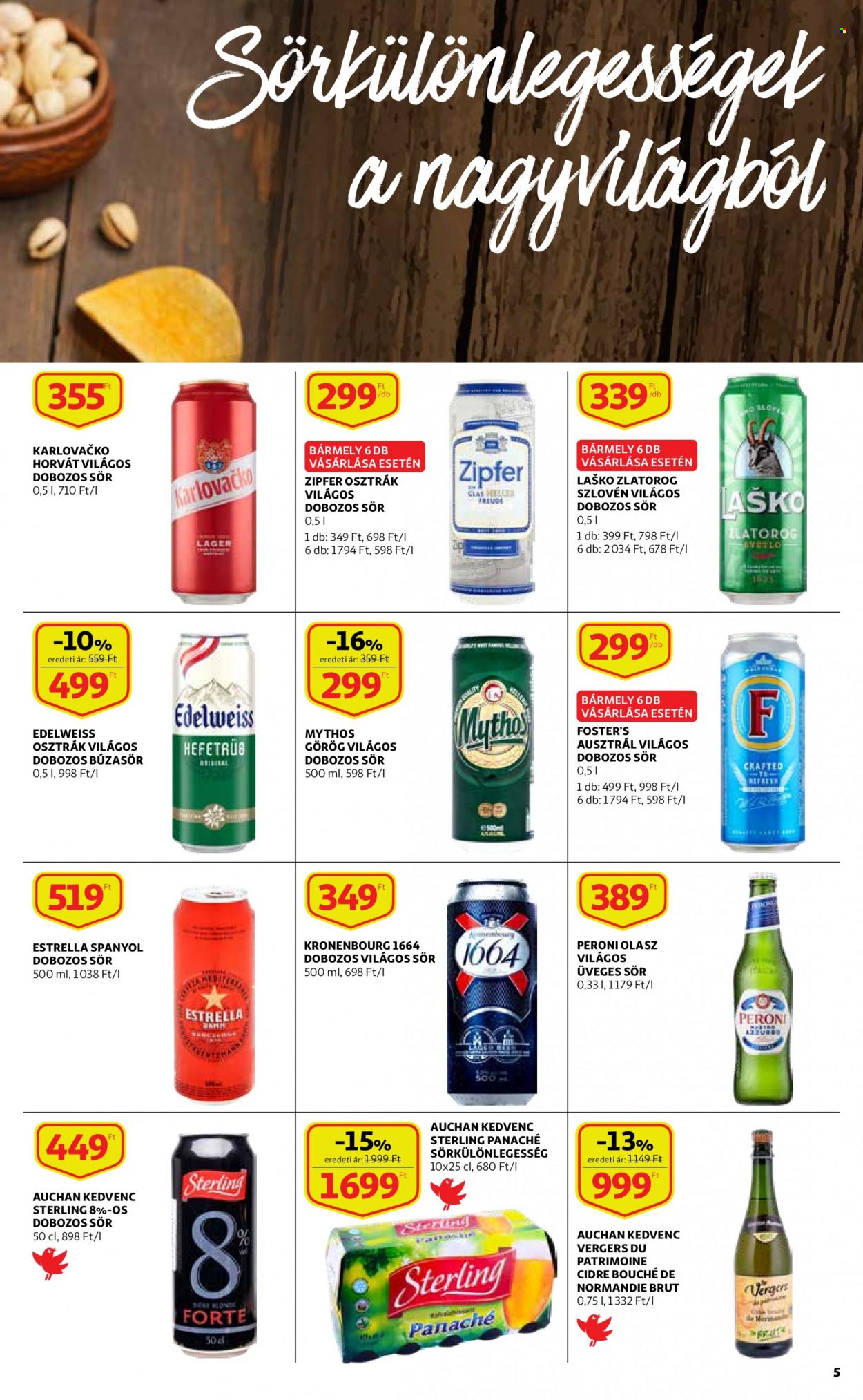 thumbnail - Auchan akciós újsága  - 2023.03.02 - 2023.03.29 - Akciós termékek - világos sör, sör, dobozos sör, Kronenbourg 1664, búzasör, üveges sör.  5. Oldal