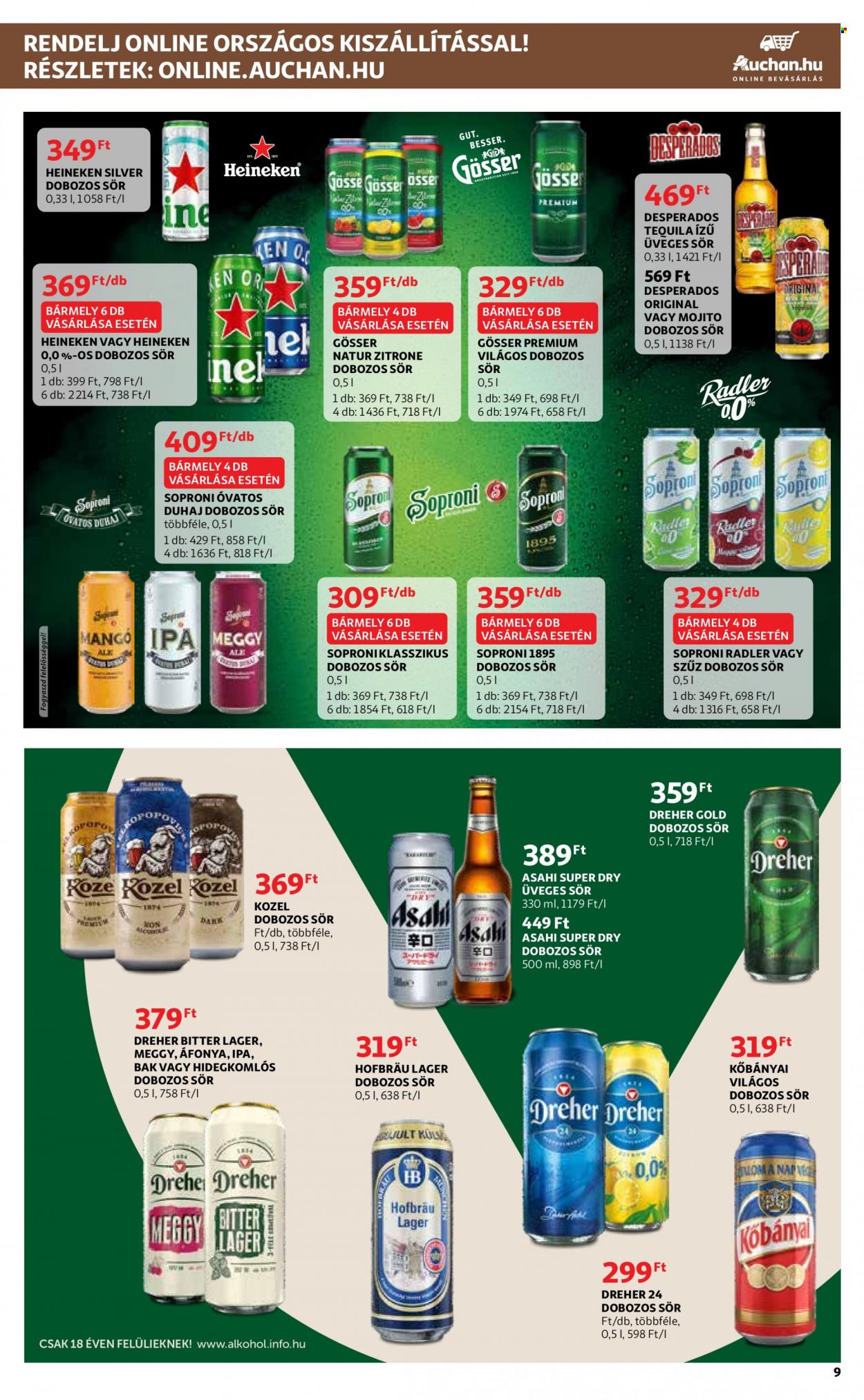 thumbnail - Auchan akciós újsága  - 2023.03.02 - 2023.03.29 - Akciós termékek - mangó, sör, Gösser, Dreher, dobozos sör, Asahi, üveges sör, Soproni, Heineken, Kőbányai, Köbányal, Tequila.  9. Oldal