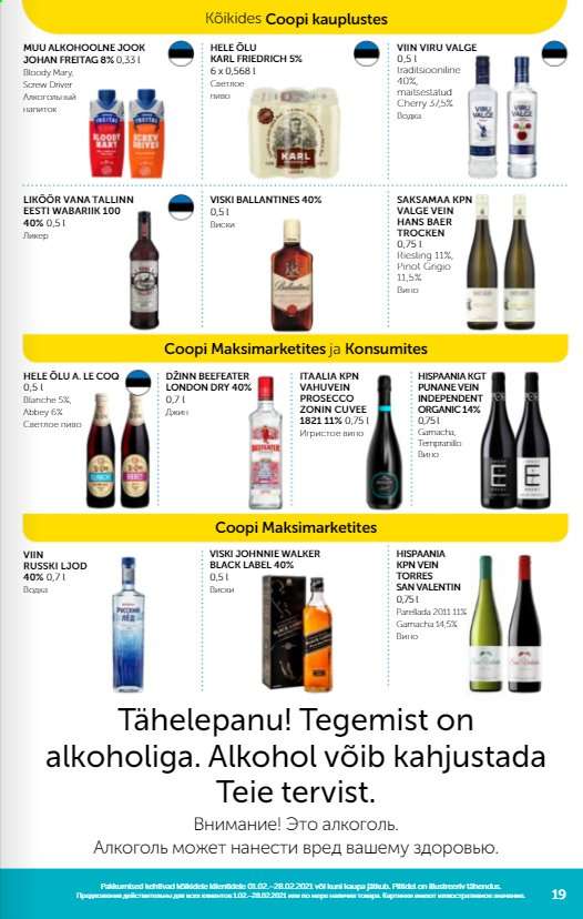 thumbnail - Kaupluse Coop kliendileht - 01.02.2021 - 28.02.2021 - soodustooted - hele õlu, õlu, prosecco, punane vein, Riesling, vein, vahuvein, valge vein, Beefeater, liköör, viin, viina. Lehekülg 6.