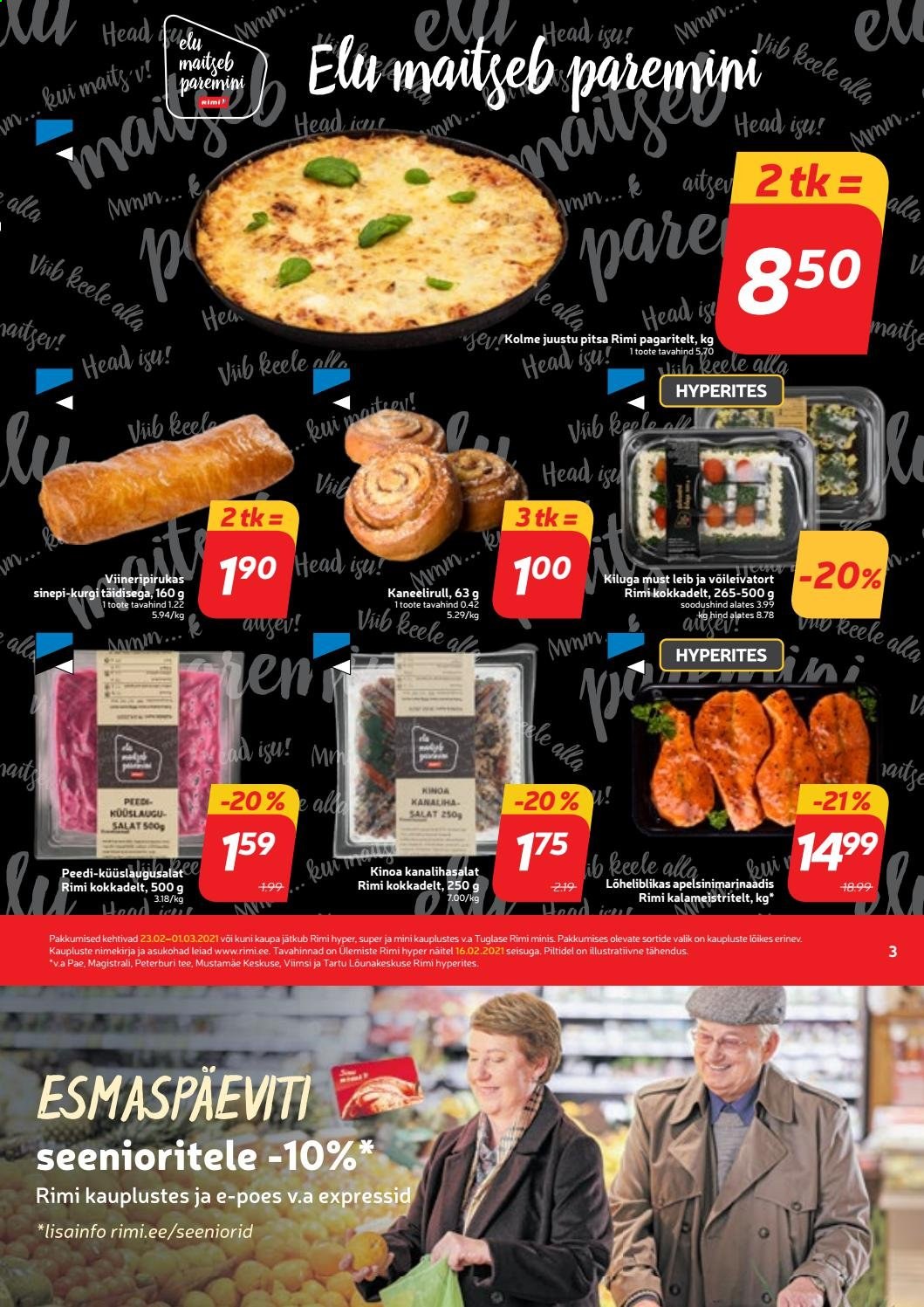 thumbnail - Kaupluse Rimi kliendileht - 23.02.2021 - 01.03.2021 - soodustooted - leib, salat, pitsa, võid. Lehekülg 3.