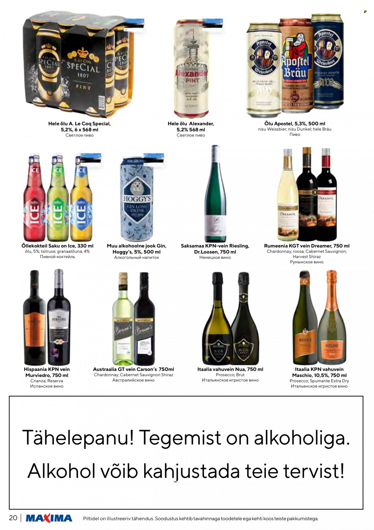 thumbnail - Kaupluse Maxima kliendileht - 05.10.2021 - 11.10.2021 - soodustooted - hele õlu, õlu, Cabernet Sauvignon, Chardonnay, prosecco, Riesling, vein, vahuvein, gin. Lehekülg 20.