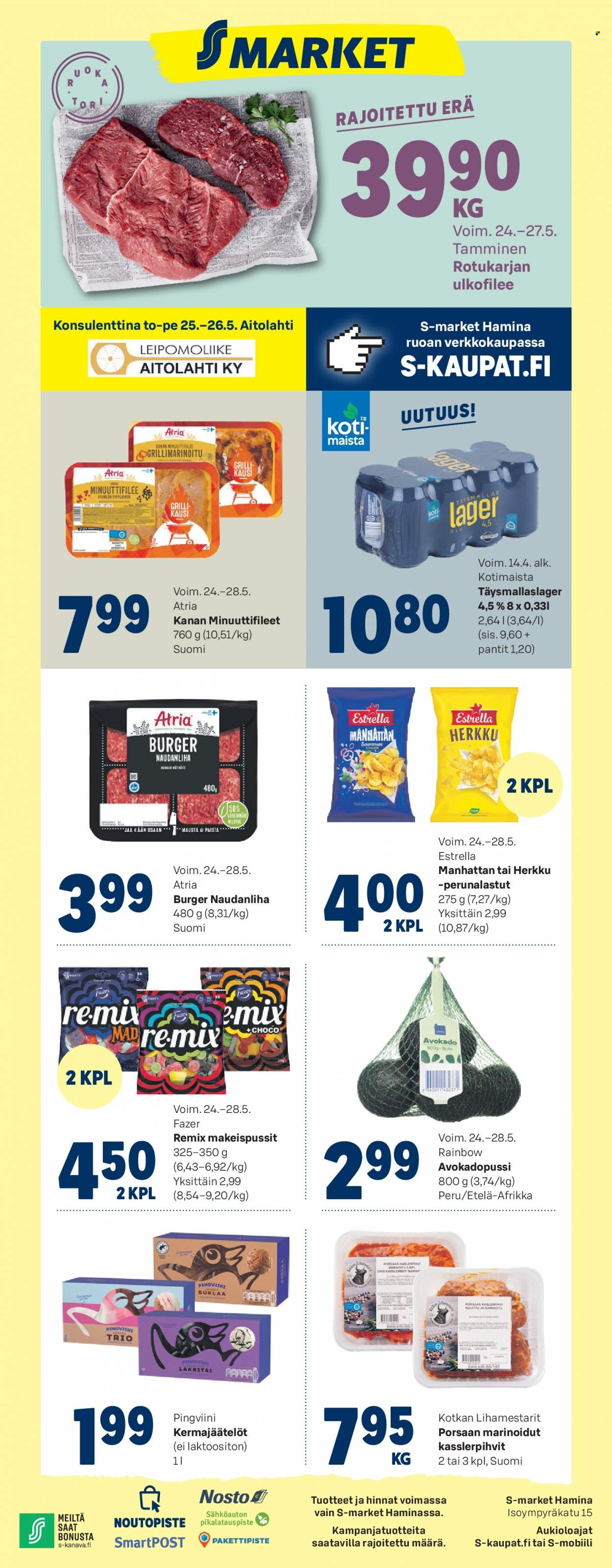 S-market tarjoukset  - 24.05.2023 - 28.05.2023 - Tarjoustuotteet - kanan, ulkofilee, Atria, Karl Fazer, perunalastut. Sivu 1.