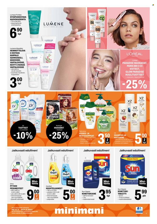thumbnail - Minimani tarjoukset  - 31.05.2023 - 04.06.2023 - Tarjoustuotteet - L'Oréal, Lumene, Omo, Palmolive, shampoo, suihkugeeli, hoitoaine, vartalovoide. Sivu 5.