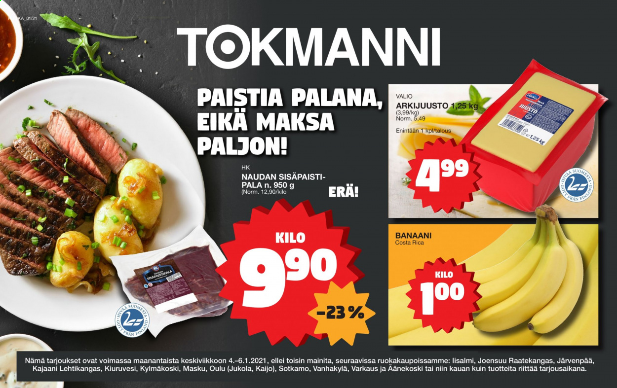 thumbnail - Tokmanni tarjoukset  - 04.01.2021 - 06.01.2021 - Tarjoustuotteet - banaani, naudan, sisäpaisti, juusto. Sivu 1.