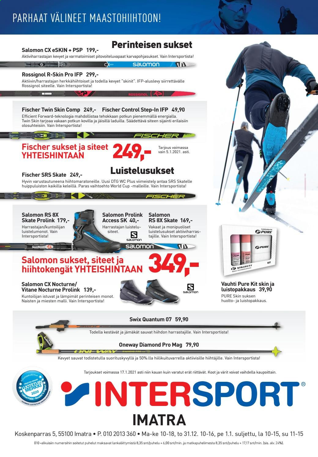 thumbnail - Intersport tarjoukset  - 03.01.2021 - 17.01.2021 - Tarjoustuotteet - Salomon, Swix, Rossignol, Fischer, sukset, vauhti, pure. Sivu 4.