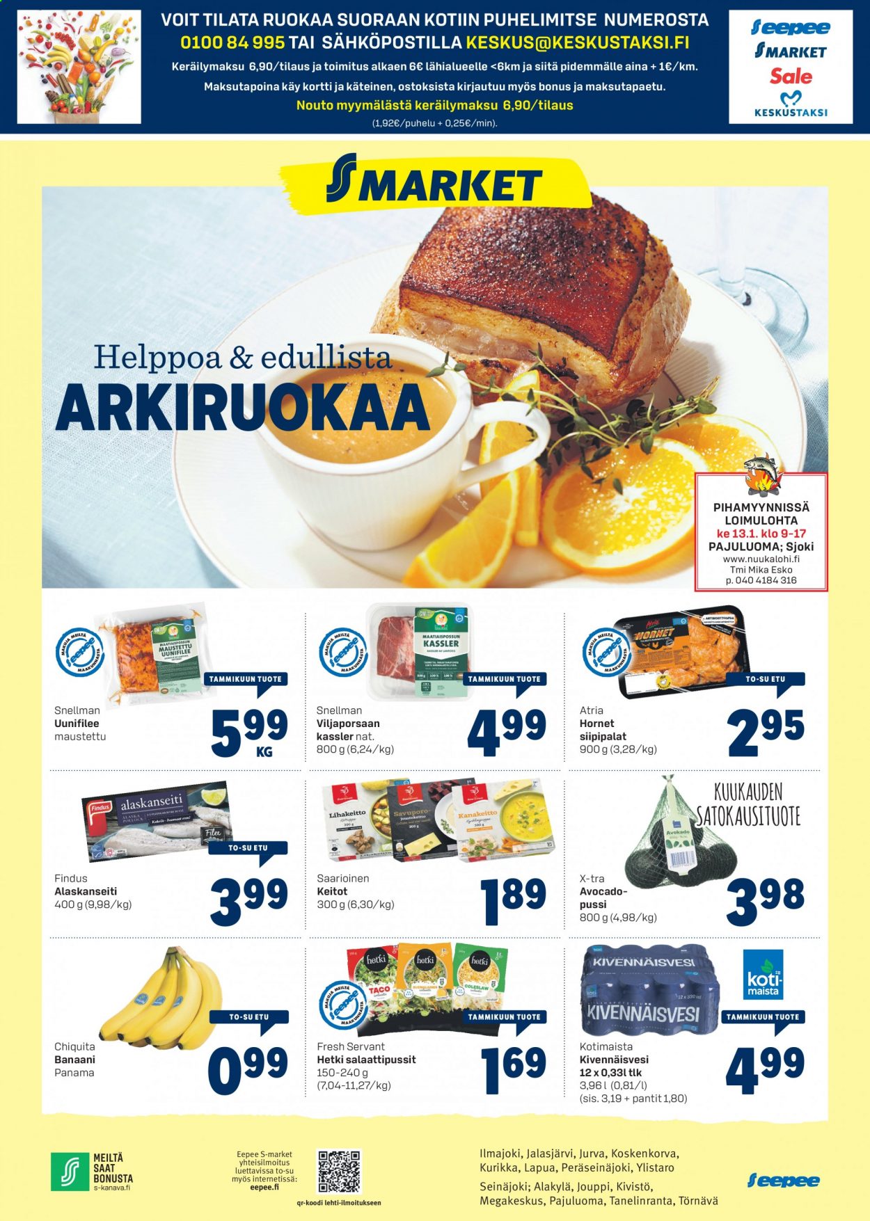 thumbnail - S-market tarjoukset  - 07.01.2021 - 10.01.2021 - Tarjoustuotteet - banaani, porsaan kassler, Atria, kivennäisvesi. Sivu 1.
