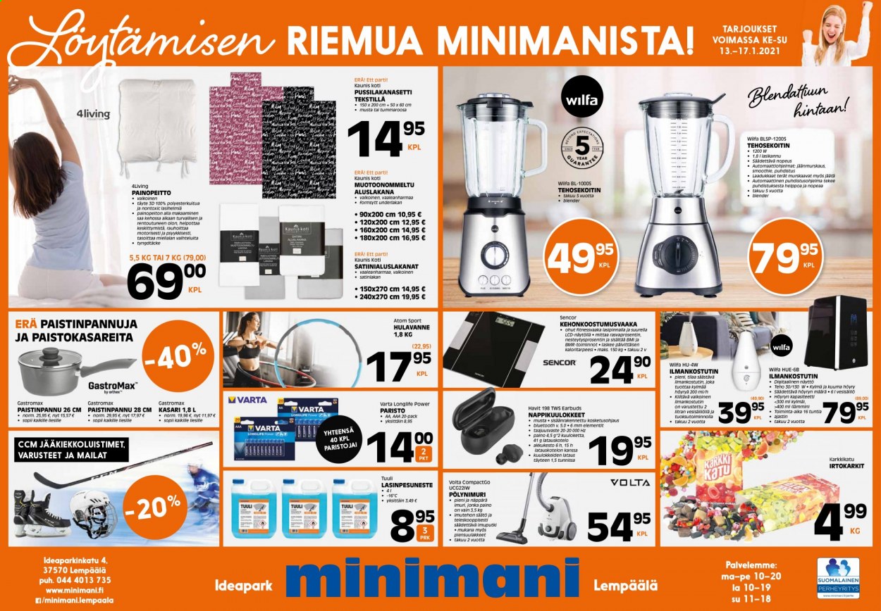 thumbnail - Minimani tarjoukset  - 13.01.2021 - 17.01.2021 - Tarjoustuotteet - irtokarkit, Atom, kasari, paistinpannu, painopeitto, pussilakanasetti, pölynimuri, imuri, Volta, tehosekoitin, CCM. Sivu 1.