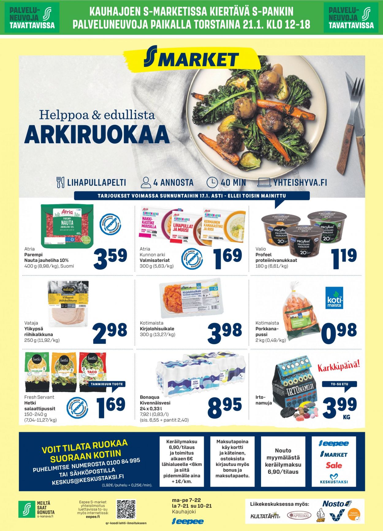thumbnail - S-market tarjoukset  - 14.01.2021 - 17.01.2021 - Tarjoustuotteet - jauheliha, Atria, kivennäisvesi. Sivu 1.