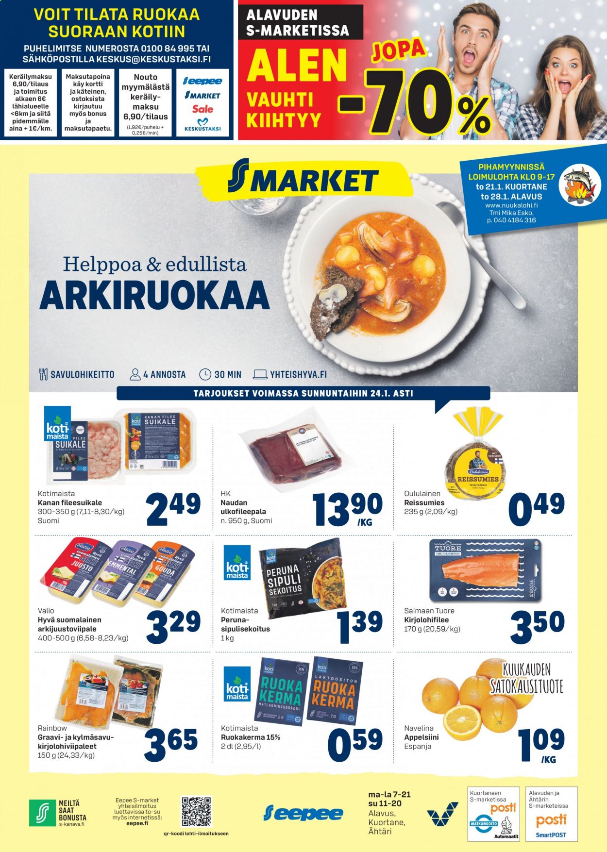 thumbnail - S-market tarjoukset  - 21.01.2021 - 24.01.2021 - Tarjoustuotteet - Oululainen, kanan fileesuikale, naudan, naudan ulkofilee. Sivu 1.