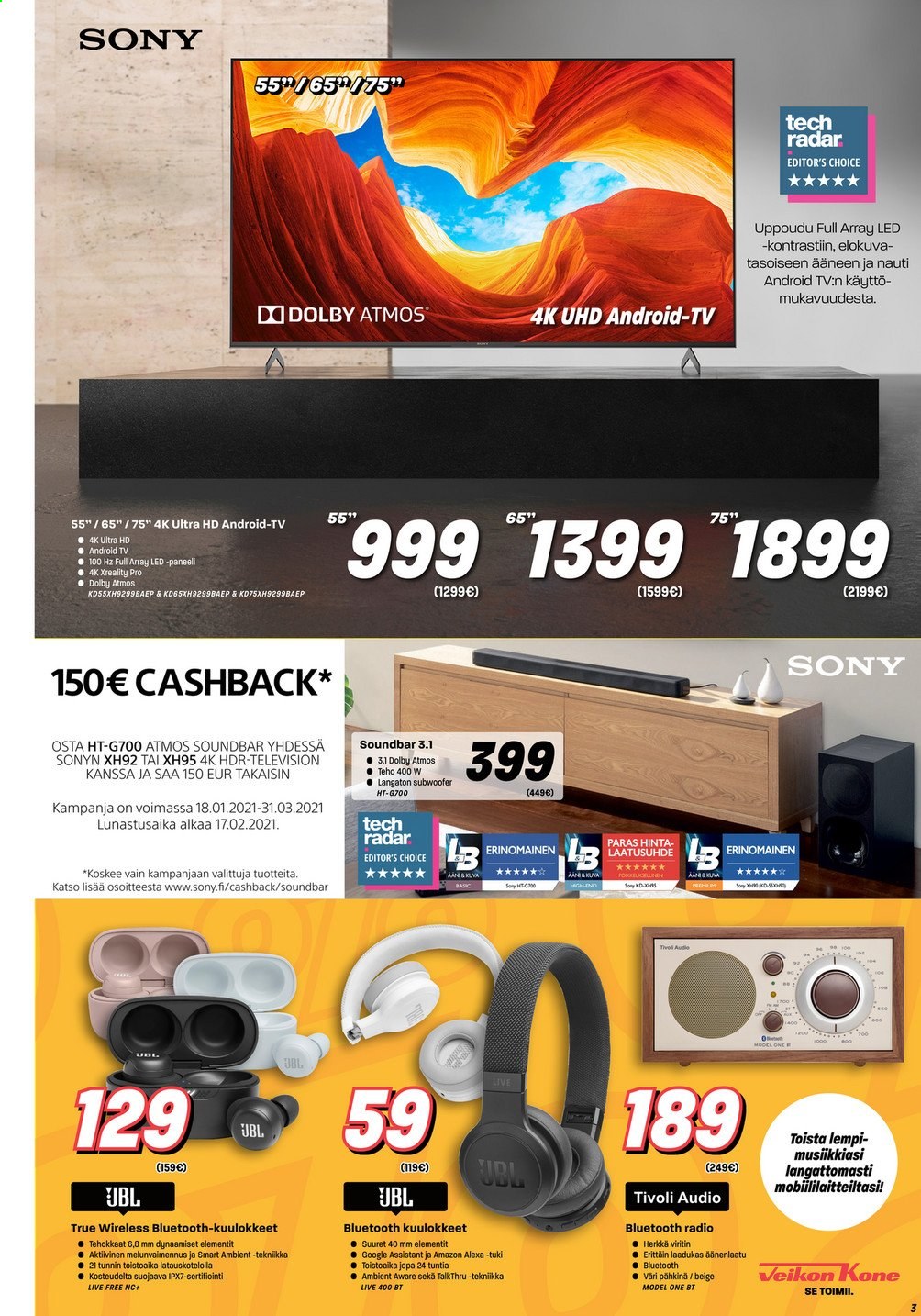 thumbnail - Veikon Kone tarjoukset  - 25.01.2021 - 31.01.2021 - Tarjoustuotteet - Sony, JBL, Android TV, TV, Ultra HD, soundbar, kuulokkeet. Sivu 3.