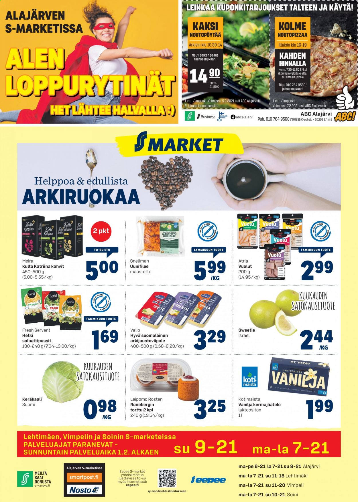 thumbnail - S-market tarjoukset  - 28.01.2021 - 29.01.2021 - Tarjoustuotteet - Atria, pizza, kahvi, vanilja. Sivu 1.