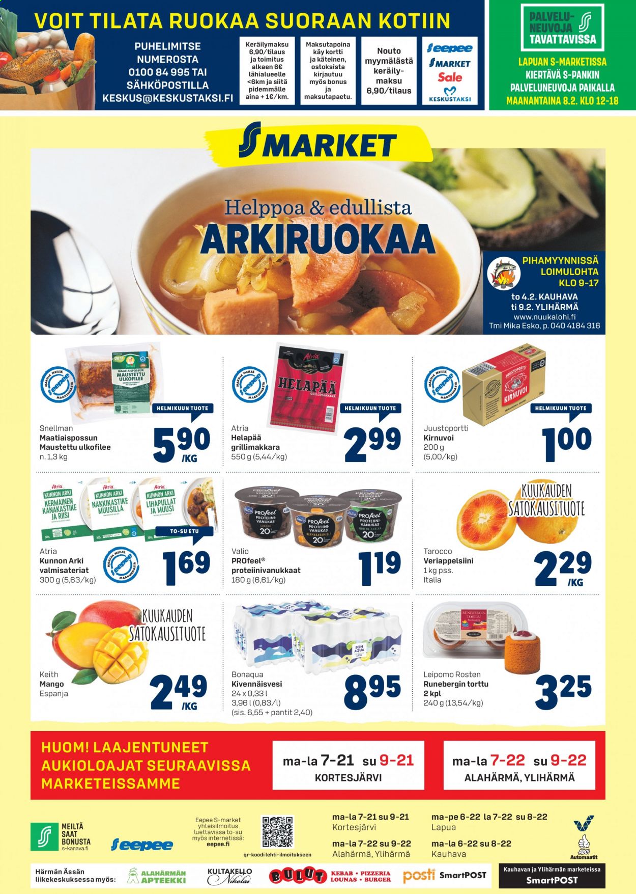 thumbnail - S-market tarjoukset  - 04.02.2021 - 07.02.2021 - Tarjoustuotteet - mango, ulkofilee, lihapullat, Atria, riisi, kivennäisvesi. Sivu 1.
