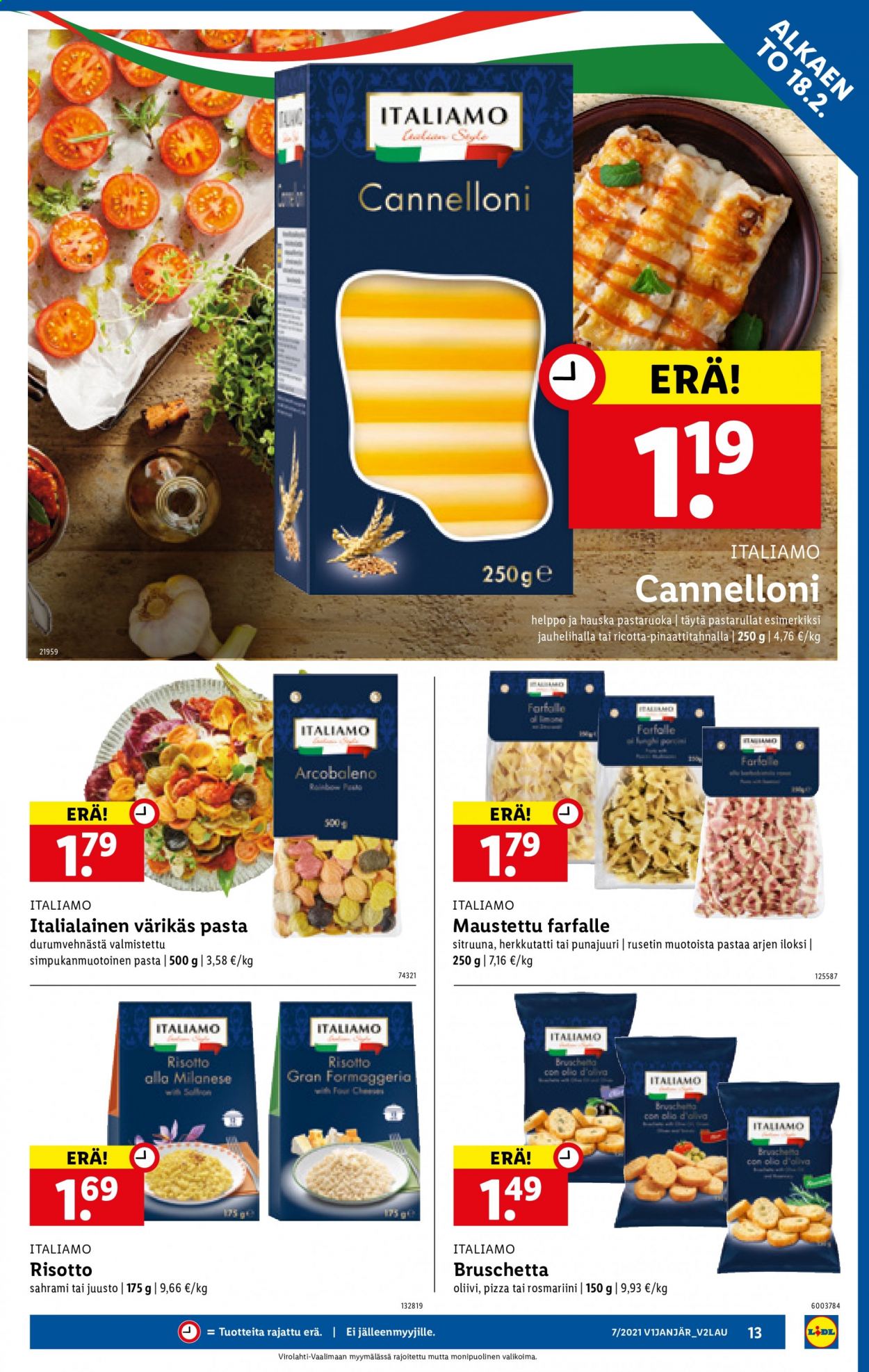 thumbnail - Lidl tarjoukset  - 18.02.2021 - 24.02.2021 - Tarjoustuotteet - oliivi, sitruuna, risotto, juusto, pizza, farfalle, pasta. Sivu 13.
