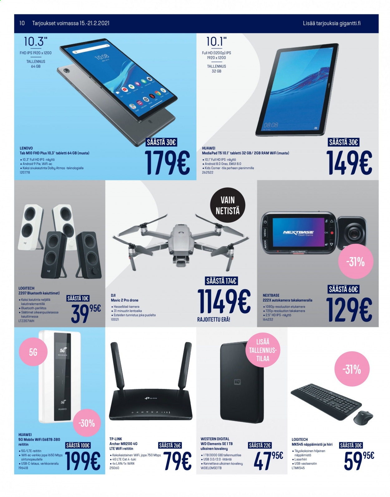 thumbnail - Gigantti tarjoukset  - 15.02.2021 - 21.02.2021 - Tarjoustuotteet - Huawei, MediaPad, Logitech, reititin, näppäimistö. Sivu 10.