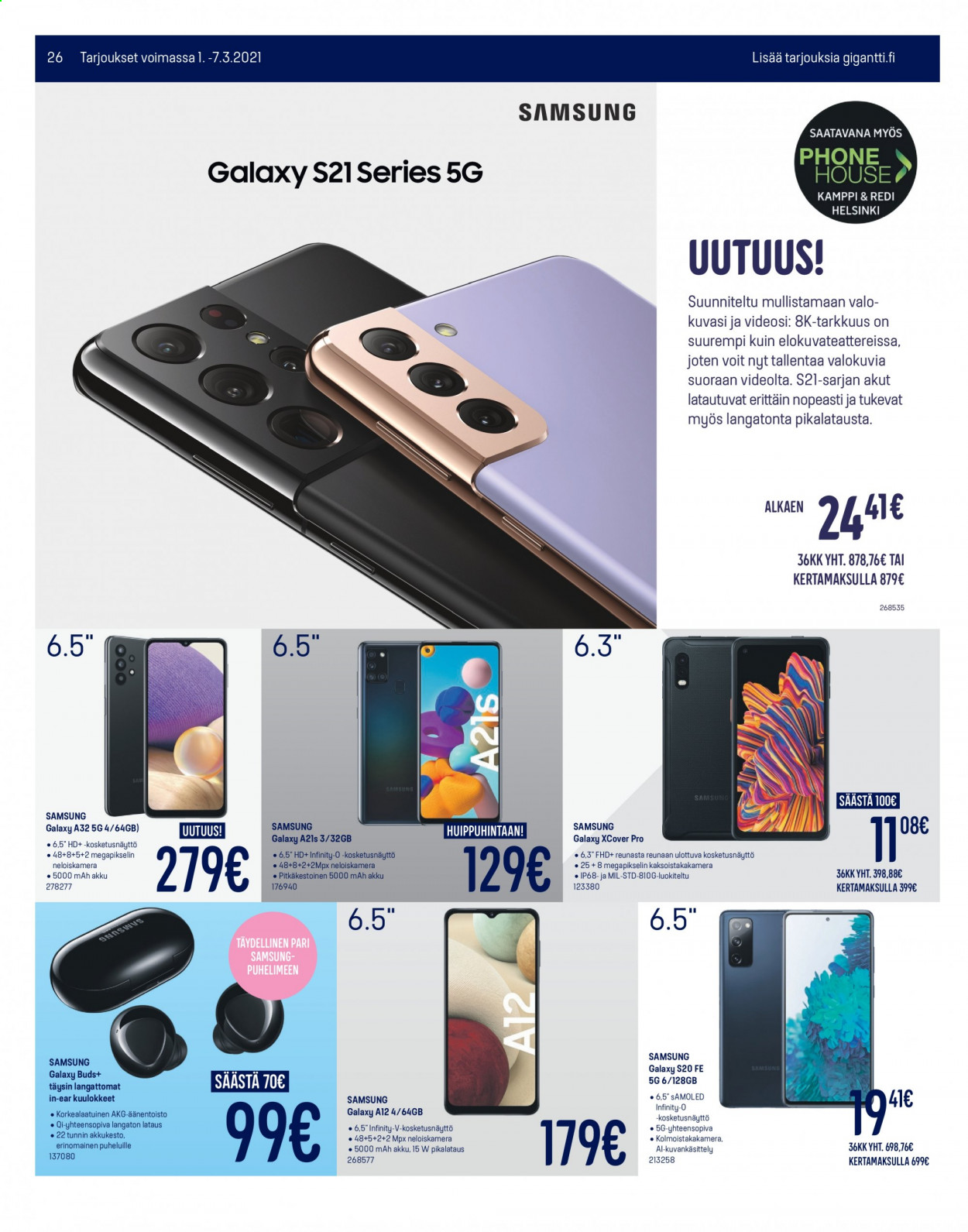 thumbnail - Gigantti tarjoukset  - 01.03.2021 - 07.03.2021 - Tarjoustuotteet - Samsung, Samsung Galaxy, kuulokkeet. Sivu 26.
