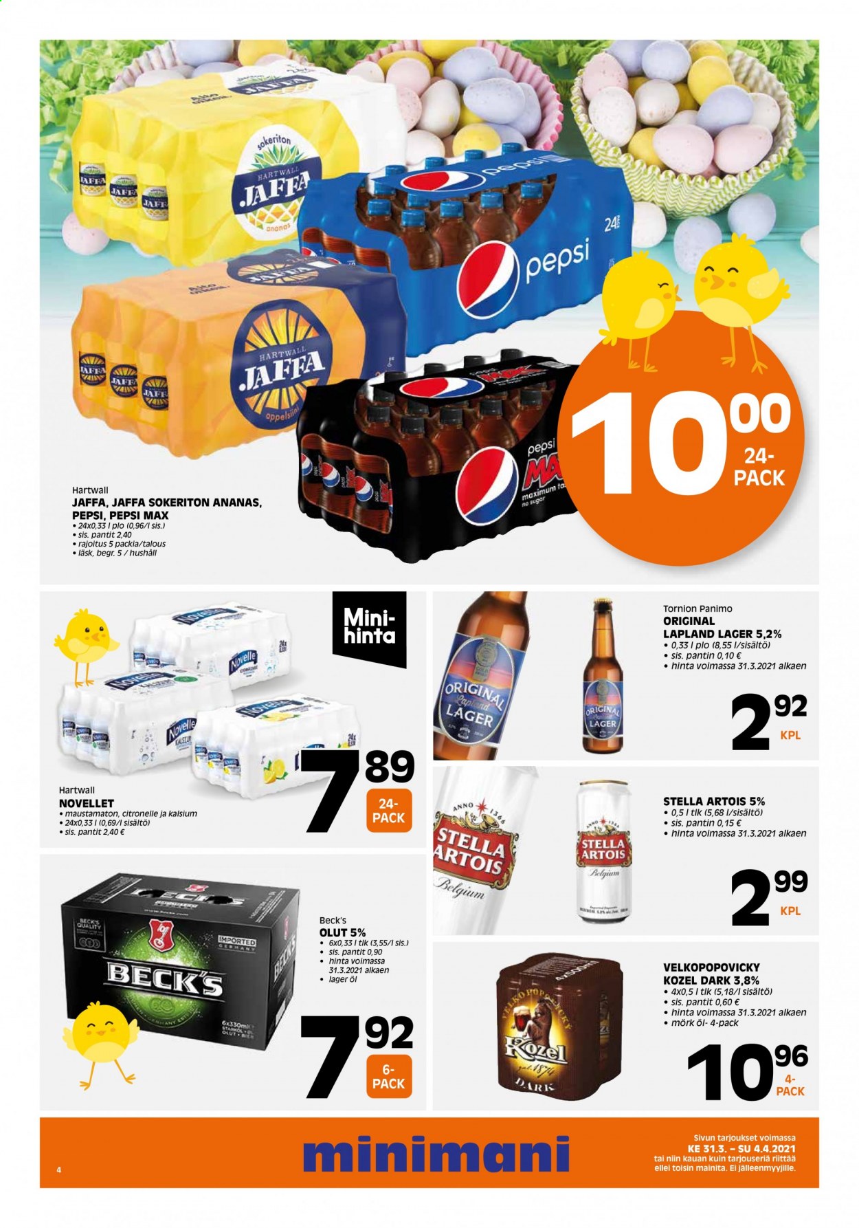 thumbnail - Minimani tarjoukset  - 31.03.2021 - 04.04.2021 - Tarjoustuotteet - Stella Artois, olut, Beck‘s, Tornion, Velkopopovicky Kozel, Lapland Lager, lager, Pepsi, Pepsi Max, Jaffa. Sivu 4.