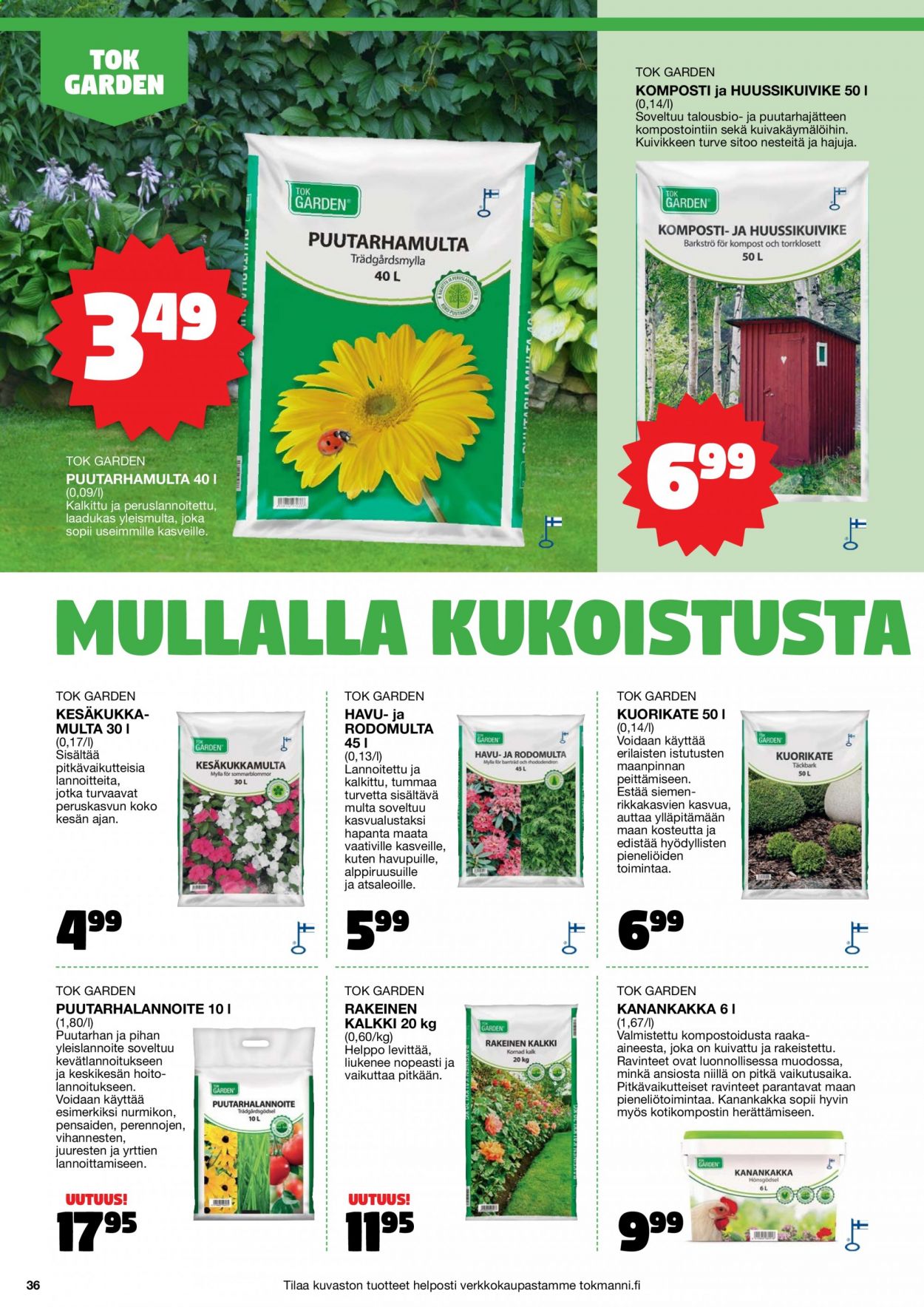thumbnail - Tokmanni tarjoukset  - Tarjoustuotteet - huussikuivike, komposti, puutarhamulta. Sivu 36.