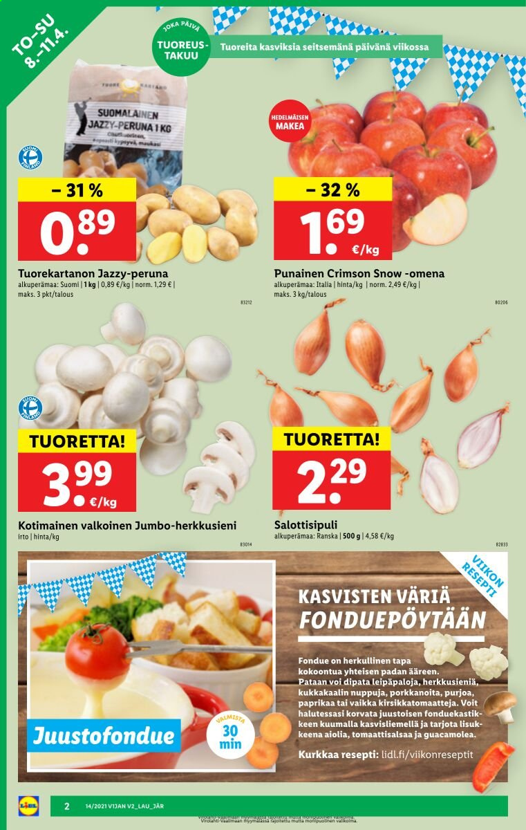 thumbnail - Lidl tarjoukset  - 08.04.2021 - 14.04.2021 - Tarjoustuotteet - perunat, herkkusieni, juustofondue. Sivu 2.