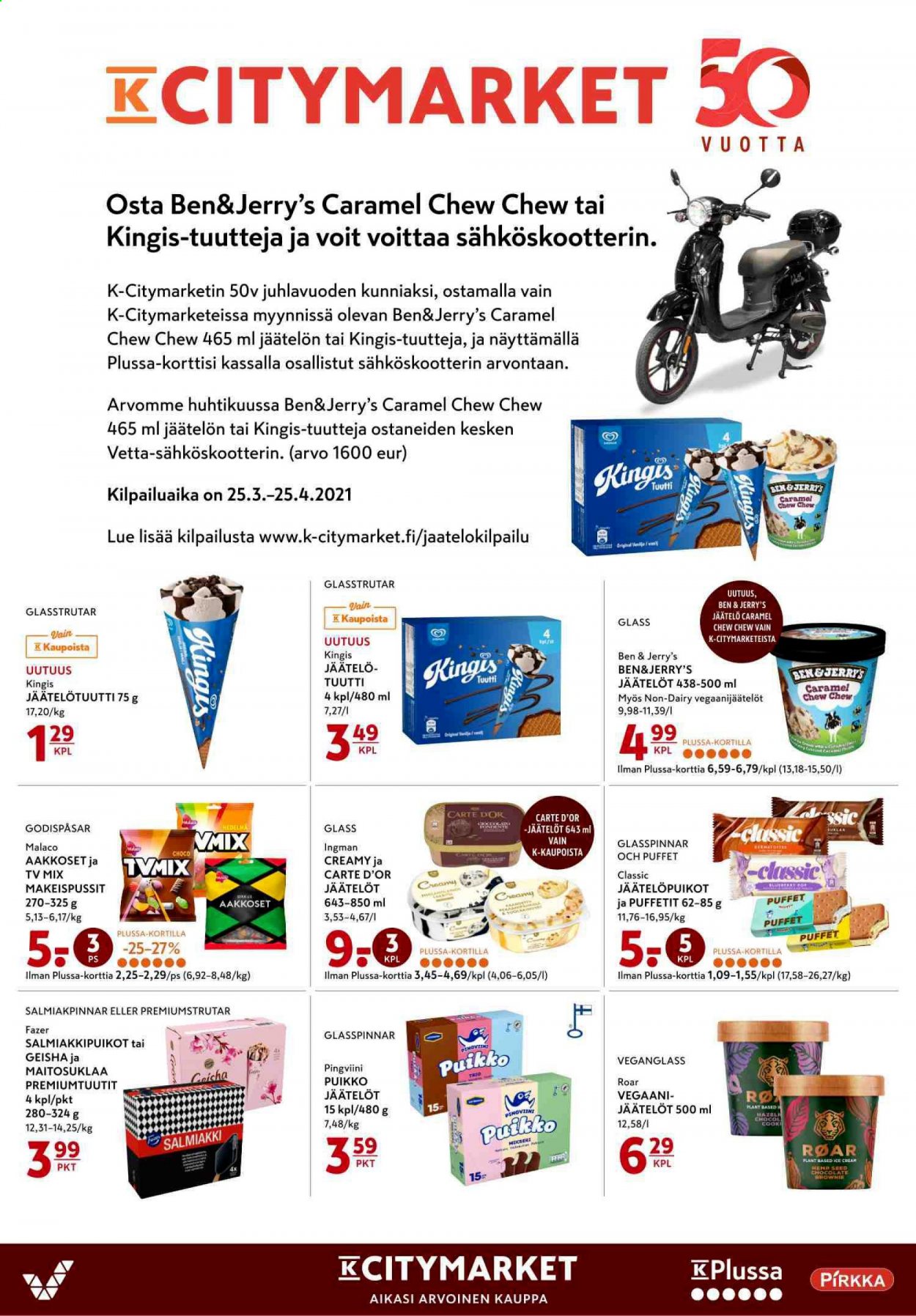 thumbnail - K-citymarket tarjoukset  - 15.04.2021 - 18.04.2021 - Tarjoustuotteet - Ben & Jerry's, jäätelö, jäätelöpuikko, Karl Fazer. Sivu 12.