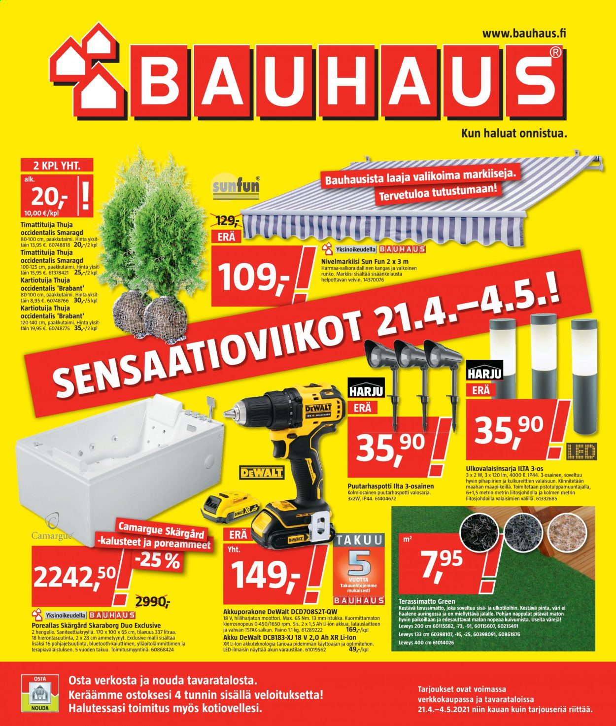 thumbnail - Bauhaus tarjoukset  - 21.04.2021 - 04.05.2021 - Tarjoustuotteet - poreallas, valosarja, akkuporakone. Sivu 1.