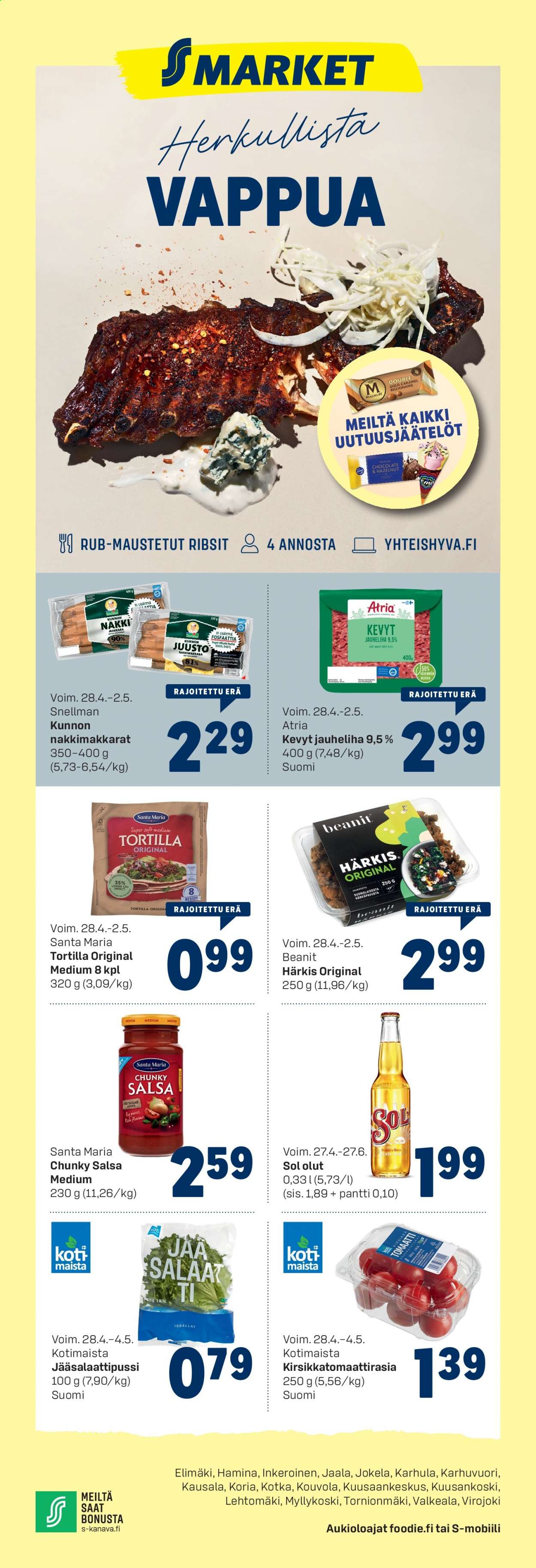 thumbnail - S-market tarjoukset  - 28.04.2021 - 02.05.2021 - Tarjoustuotteet - olut, tortilla, jauheliha, Atria. Sivu 1.