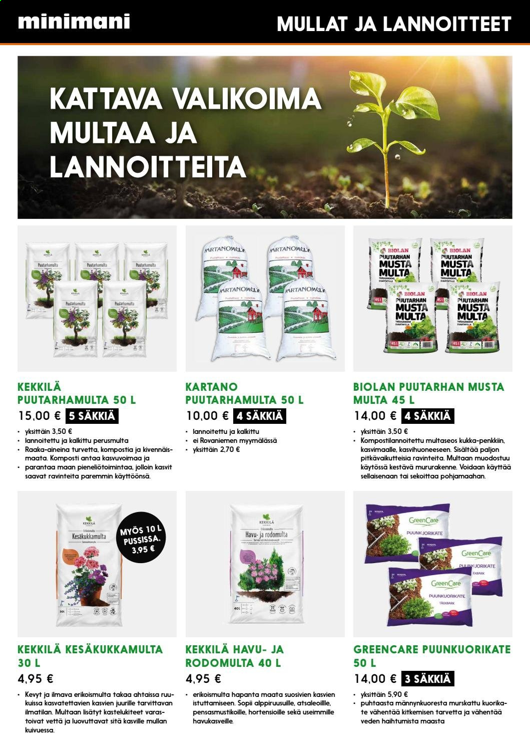 thumbnail - Minimani tarjoukset  - Tarjoustuotteet - Biolan, komposti, puutarhamulta. Sivu 23.